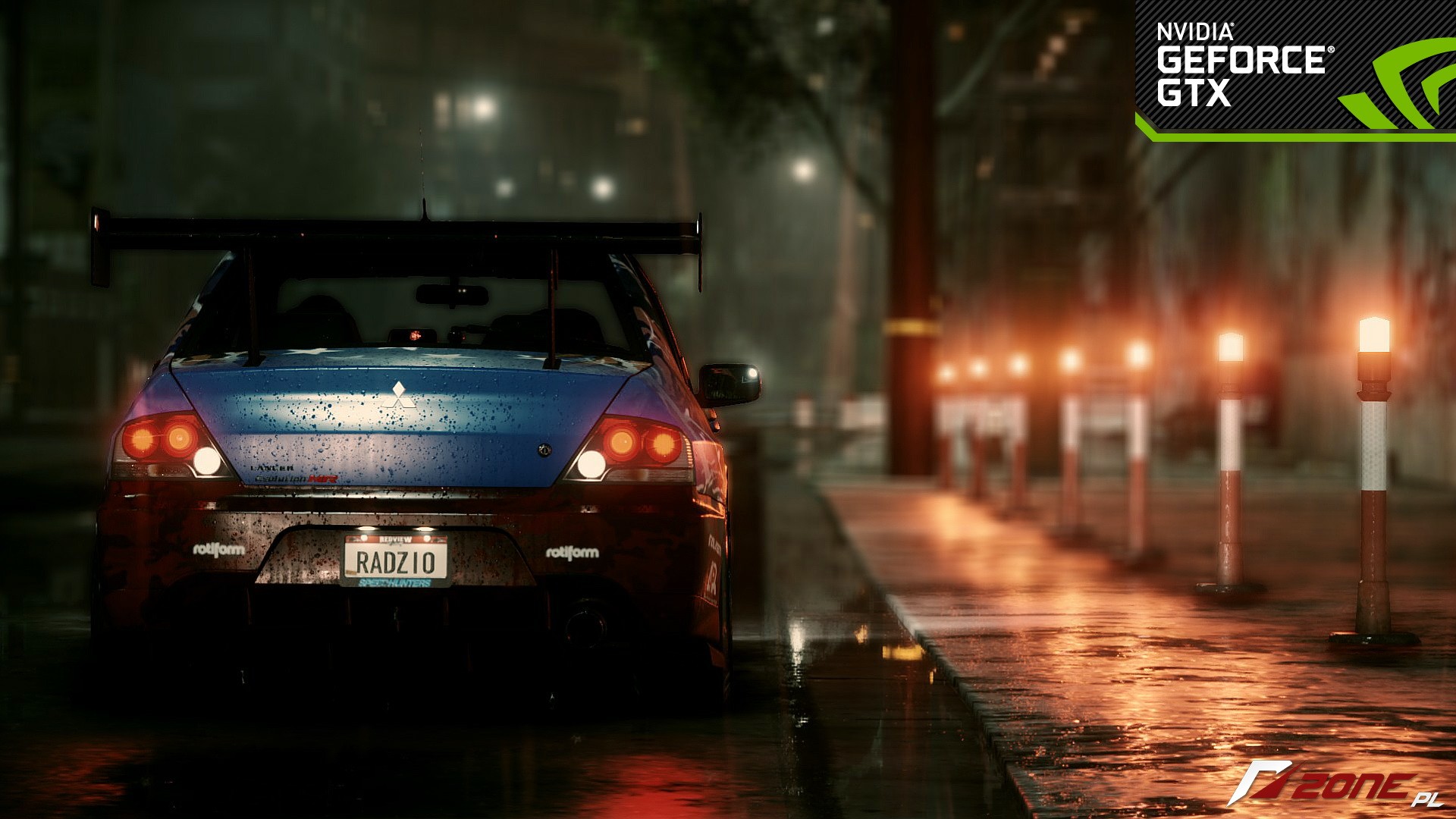 General 1920x1080 car night city video games Mitsubishi blue cars Nvidia PC gaming wet street Need for Speed taillights Japanese cars