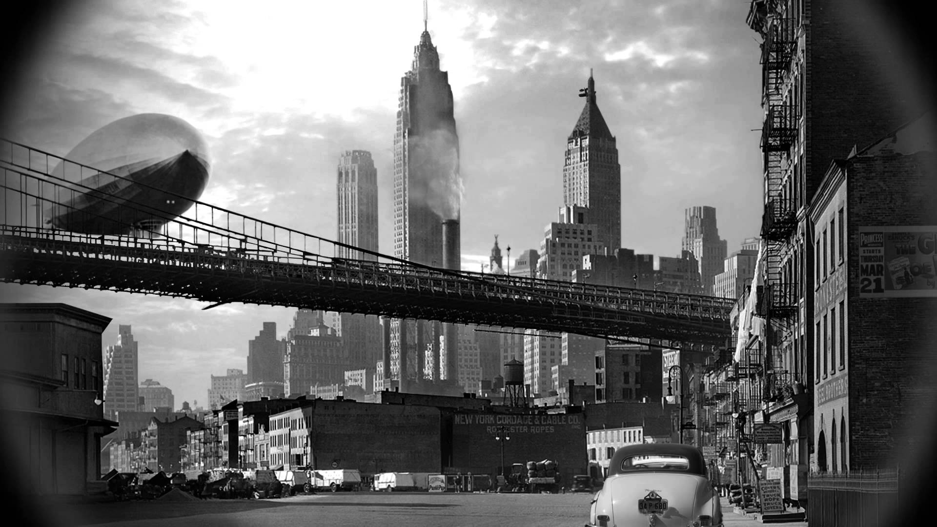 General 1920x1080 city monochrome cityscape airships New York City vintage bridge car USA