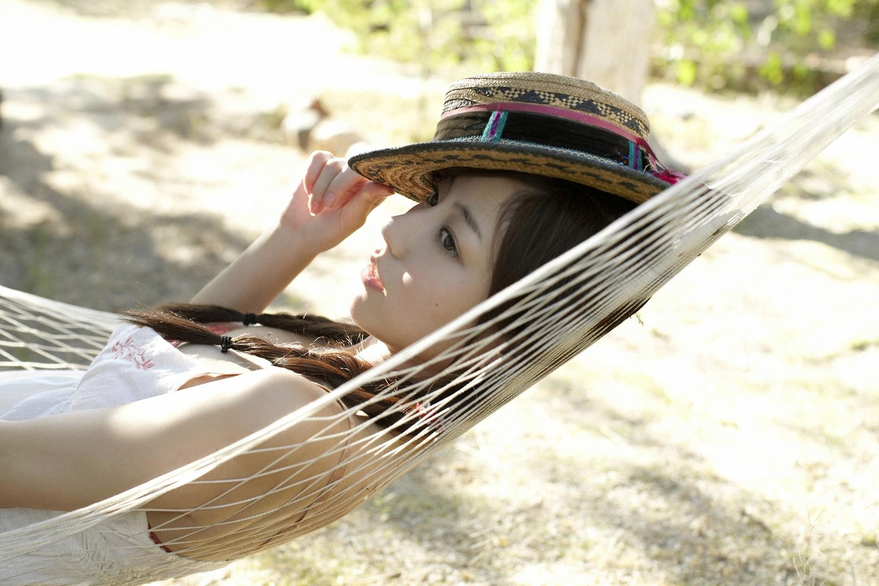 People 1800x1200 Asian women Yumi Sugimoto model face women outdoors hammocks women with hats hat brunette Japanese women looking away
