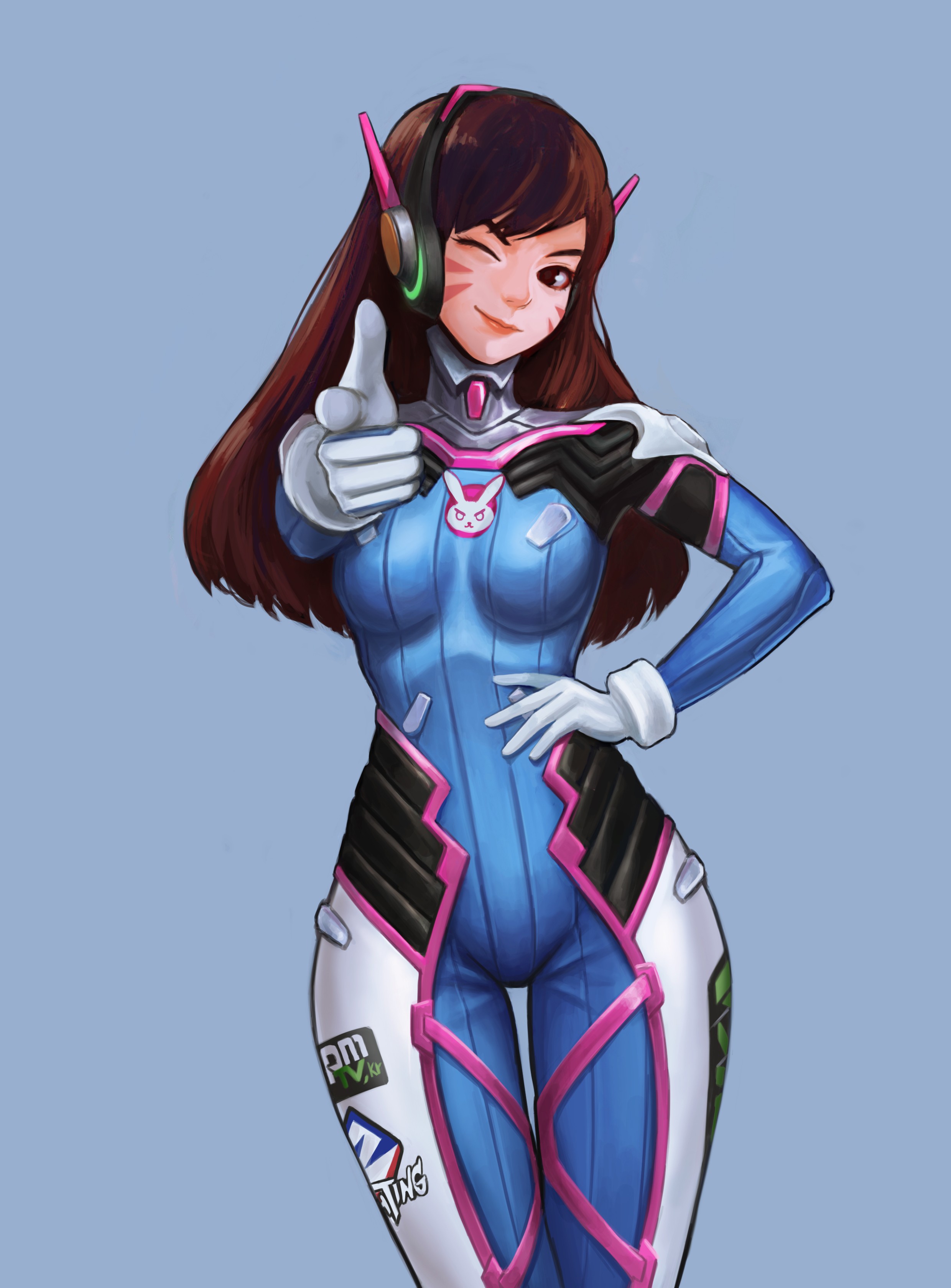 Anime 2480x3357 anime anime girls Overwatch D.Va (Overwatch) long hair headphones bodysuit video game girls women video game characters one eye closed smiling simple background Pixiv fan art looking at viewer PC gaming brunette slim body