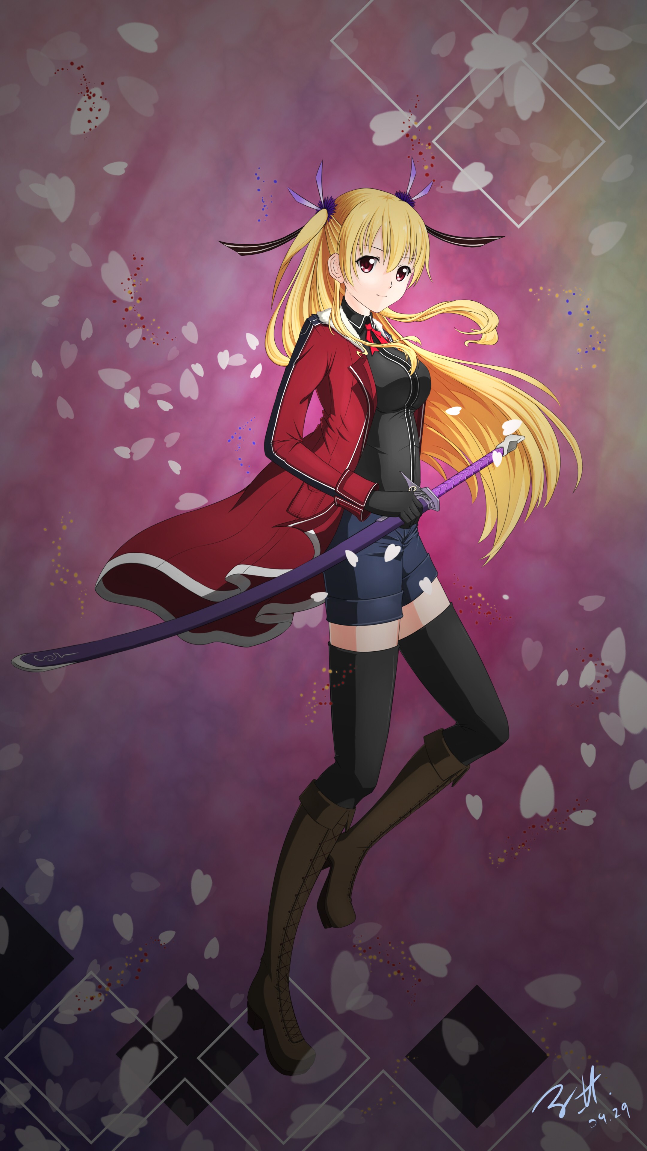 Anime 2160x3840 anime anime girls long hair blonde red eyes sword thigh-highs weapon open mouth open jacket knee-high boots zettai ryouiki women with swords girls with guns Pixiv stockings