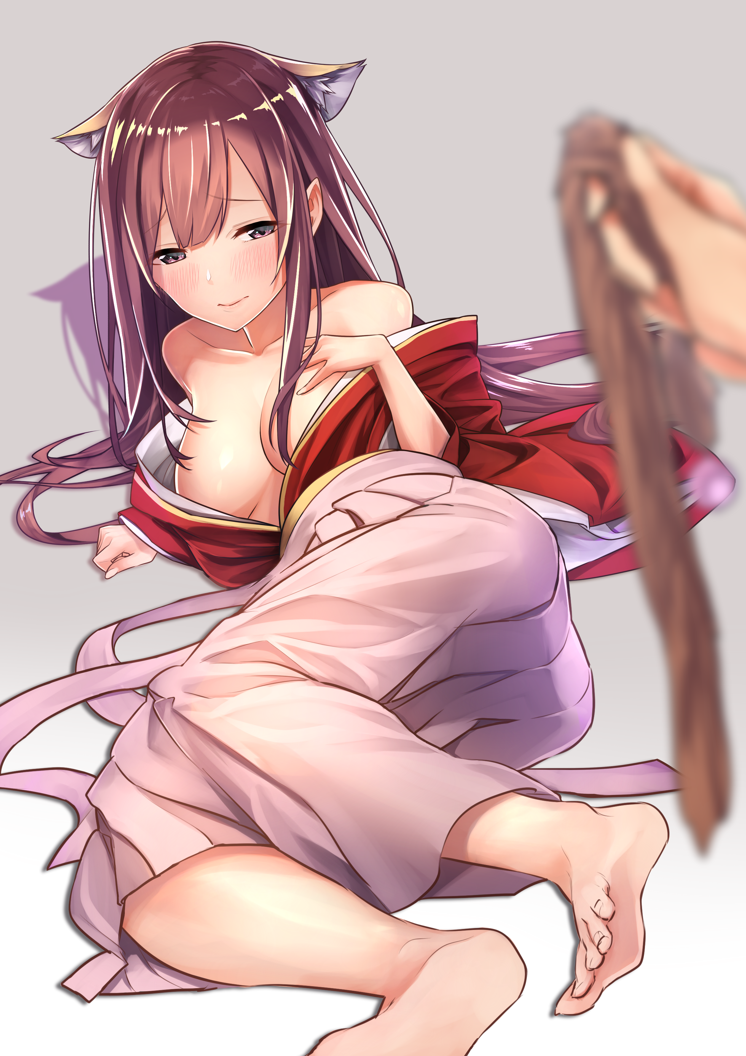 Anime 2516x3560 anime anime girls Kamikaze (KanColle) Kantai Collection long hair animal ears feet brunette Japanese clothes no bra Baffu boobs Pixiv barefoot looking at viewer open clothes
