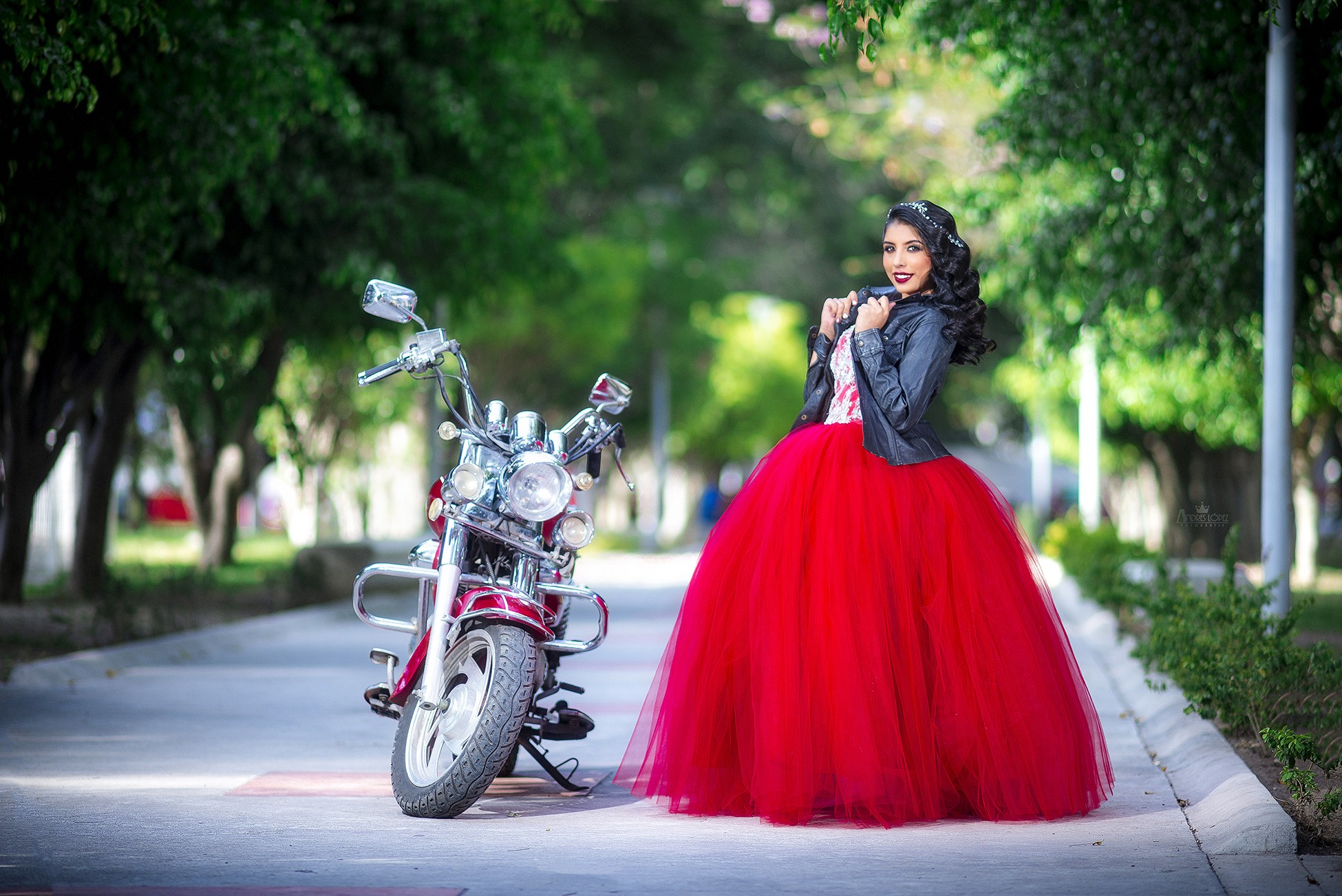 People 1950x1302 women motorcycle model leather jacket outdoors women with motorcycles black hair urban smiling makeup Red Motorcycles standing looking at viewer vehicle