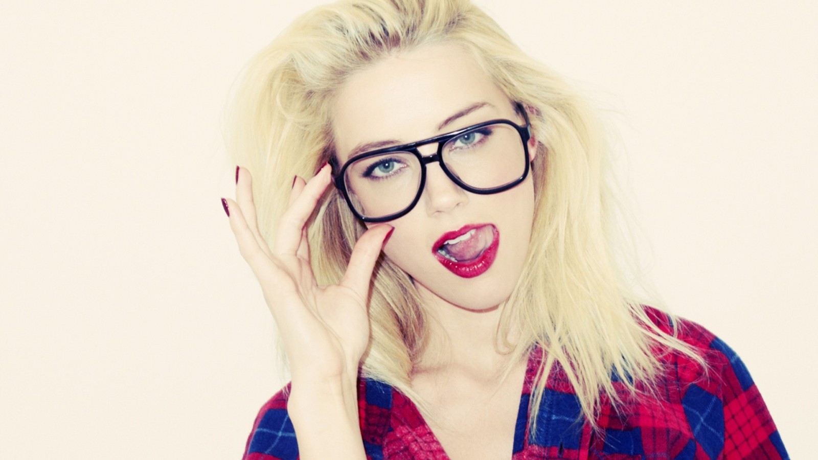 People 1600x900 women blonde Amber Heard women with glasses blue eyes red lipstick plaid shirt glasses women indoors indoors actress American women face closeup open mouth tongues tongue out dyed hair white background simple background red nails painted nails celebrity makeup looking at viewer studio plaid clothing