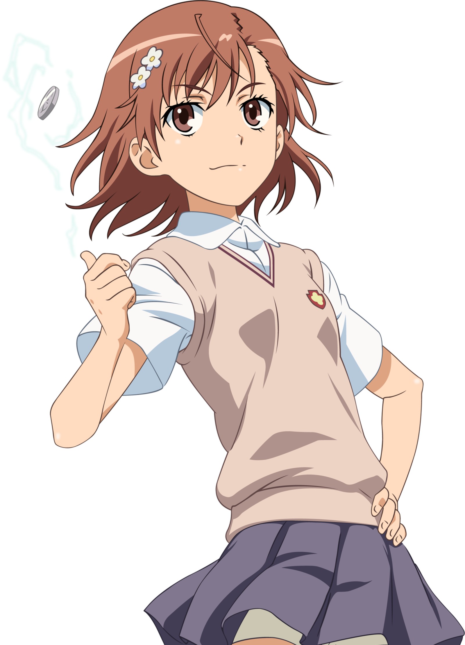 Anime 1600x2218 Misaka Mikoto school uniform shorts skirt To aru Majutsu no Index anime girls To Aru Kagaku no Railgun white background coins