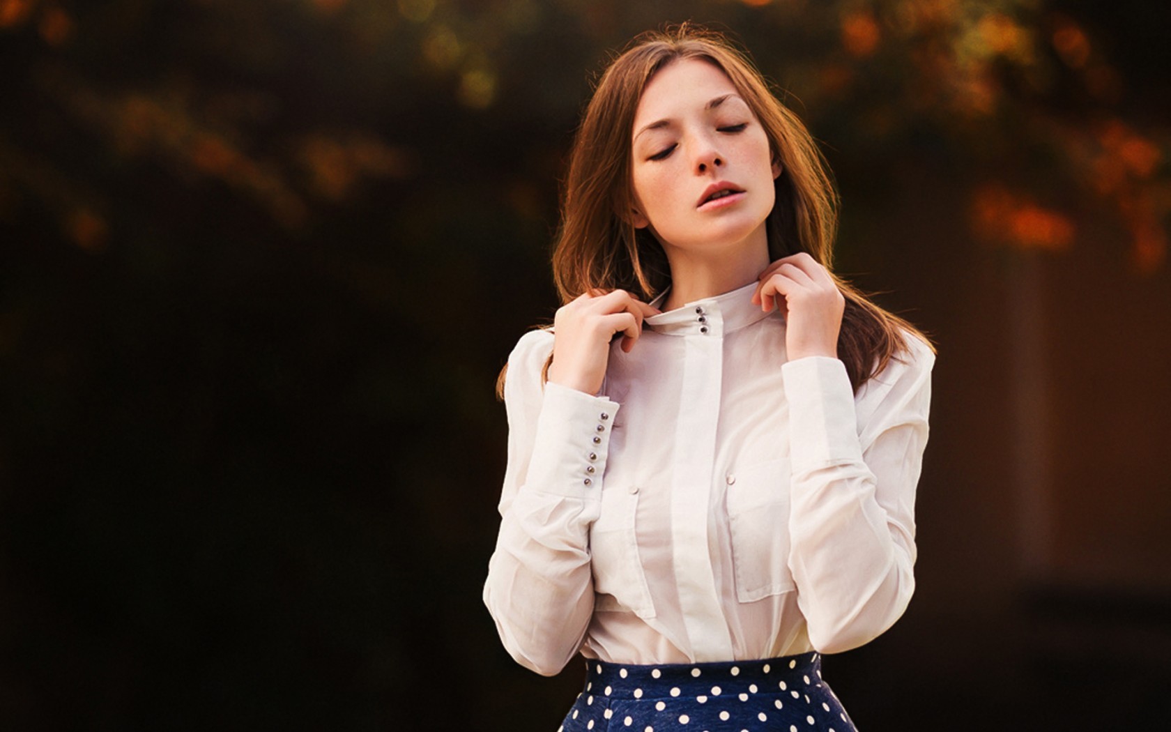 People 1680x1050 women Olga Kobzar women outdoors closed eyes polka dots face hands see-through clothing standing model