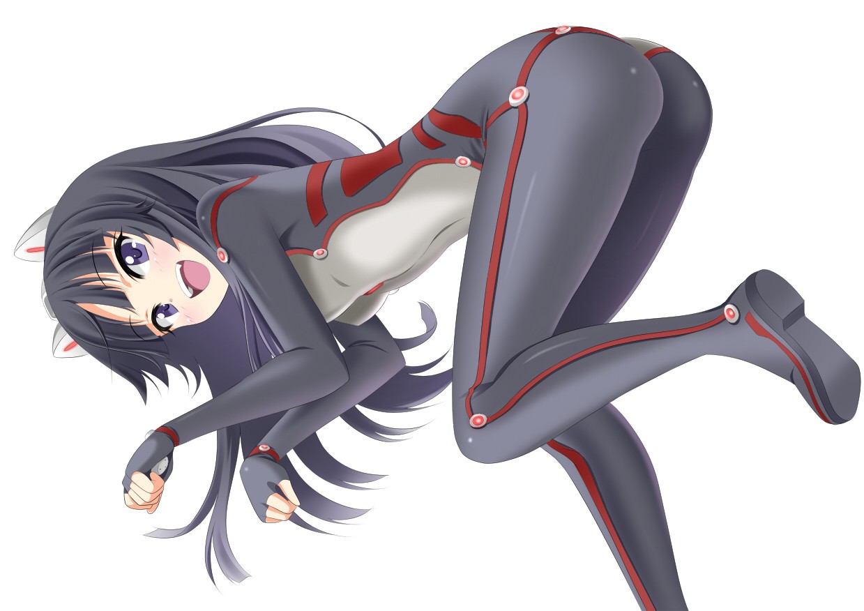 Anime 1239x876 Guilty Crown Tsugumi (Guilty Crown) bodysuit bent over ass open mouth purple eyes long hair white background simple background anime anime girls