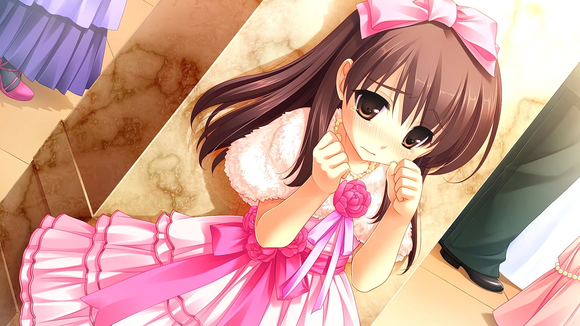 Anime 1920x1080 anime anime girls tears dress ribbon visual novel pink dress brunette sad brown eyes