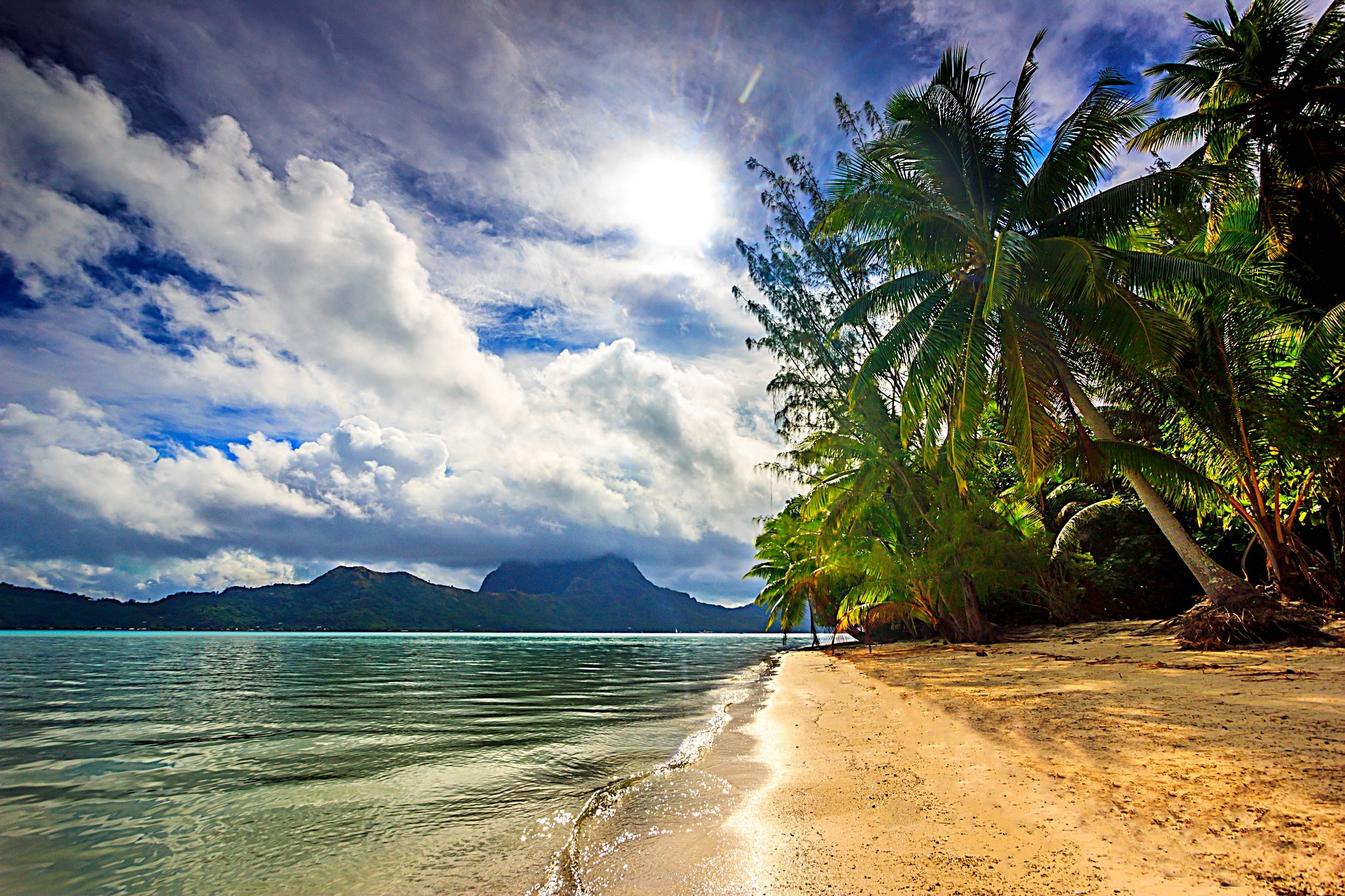 General 2048x1365 nature landscape beach sea palm trees clouds island sunlight tropical Bora Bora French Polynesia