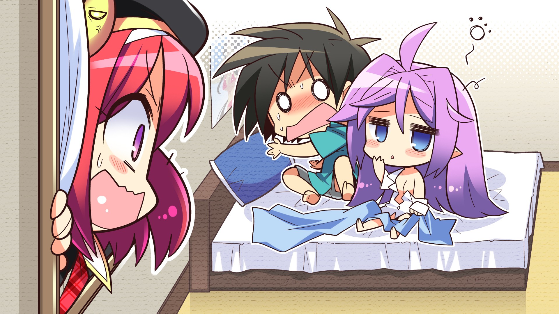 Anime 1920x1080 anime girls Maikaze no Melt -Where Leads to Feeling Destination- chibi anime boys purple hair anime bed embarrassed angry two women