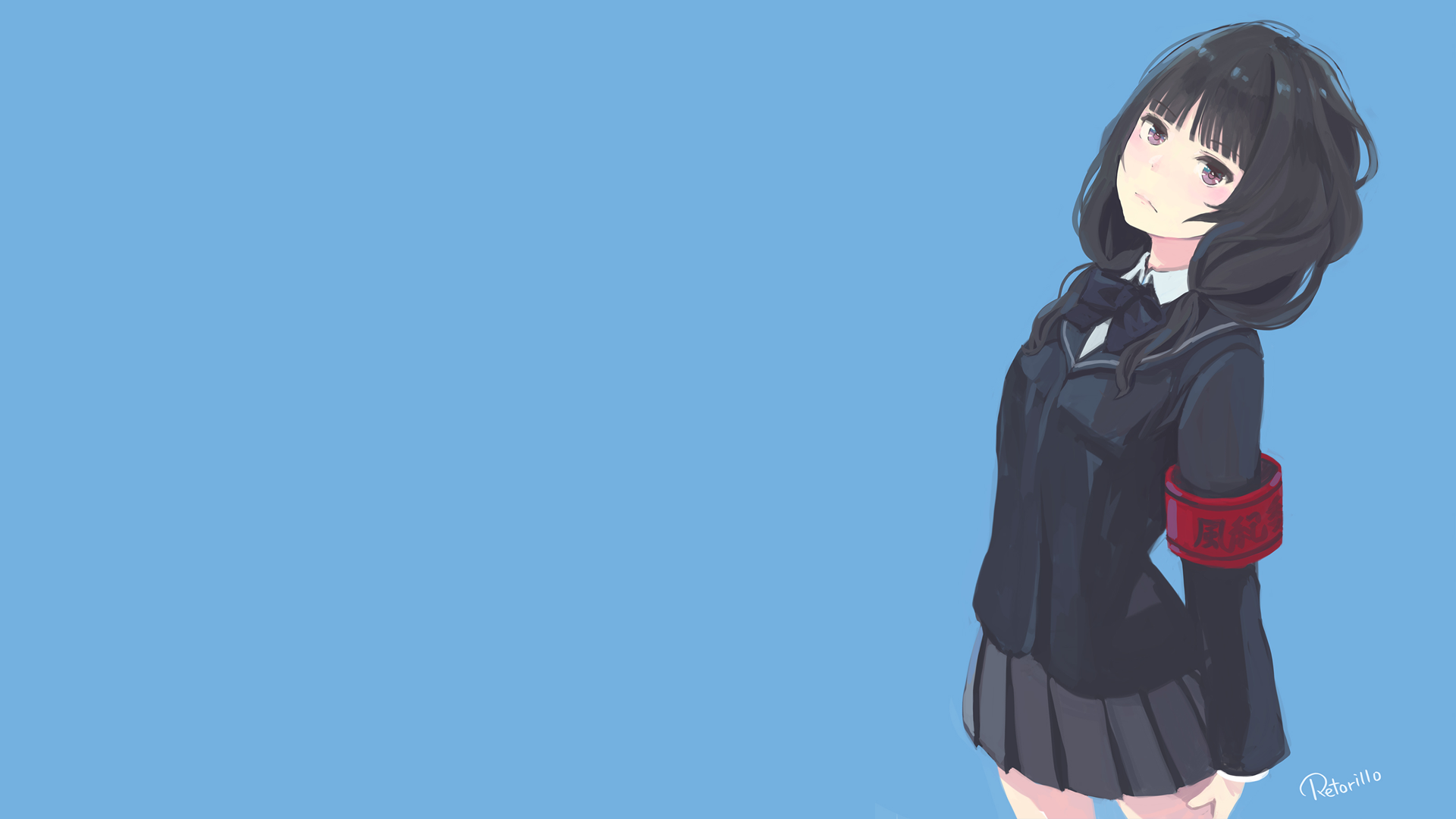 Anime 1920x1080 anime girls blue background anime dark hair simple background miniskirt