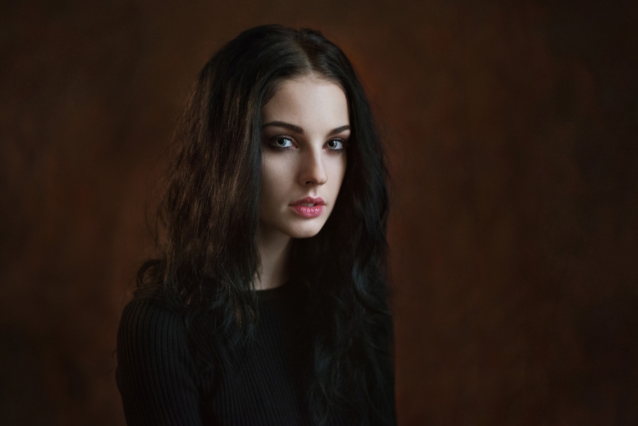People 2048x1367 Alla Berger Maxim Maximov women face portrait black sweater long hair closeup low light simple background