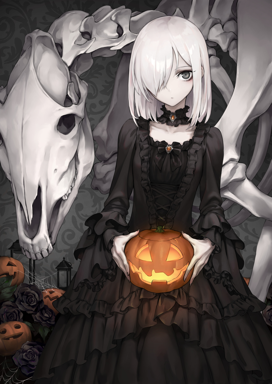 Anime 905x1280 Halloween pumpkin skeleton black dress Oopartz Yang anime girls white hair gray eyes