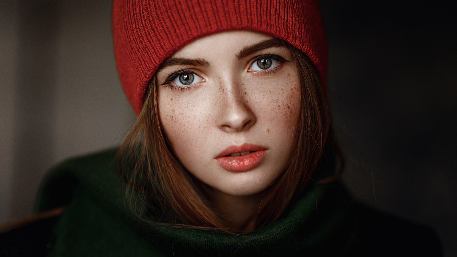 People 1600x900 Georgy Chernyadyev women face hat green redhead portrait freckles open mouth model