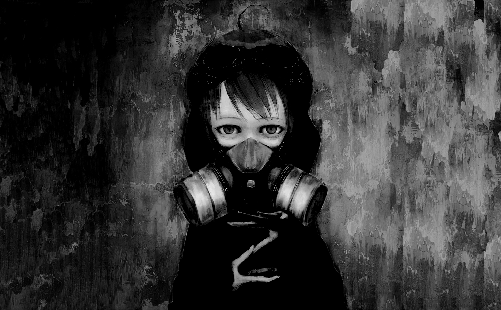 Anime 1938x1200 gas masks children anime digital art fantasy art illustration anime girls artwork black