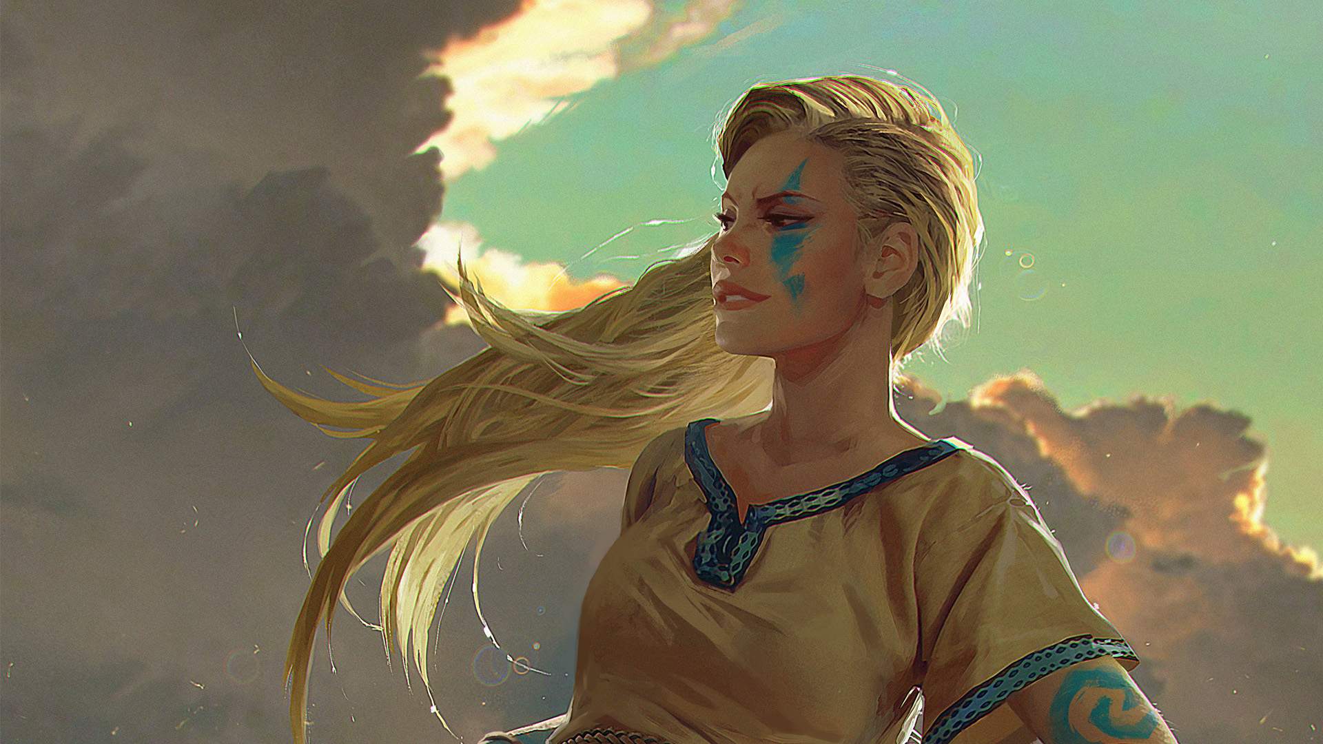 General 1920x1080 digital art artwork women blonde video games looking into the distance CD Projekt RED Gwent drawing