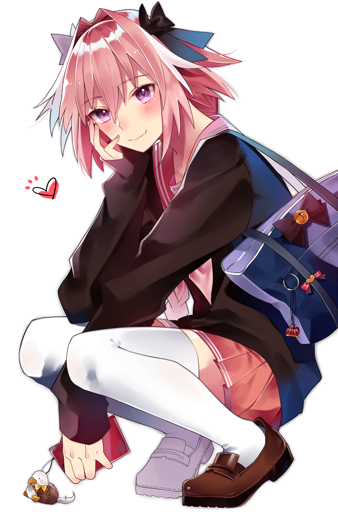 Anime 1096x1700 Fate series Fate/Apocrypha  anime boys Astolfo (Fate/Apocrypha) school uniform 2D femboy white stockings sailor uniform pink hair thighs smartphone blushing long hair smiling purple eyes looking at viewer simple background Fate/Grand Order hand on face black ribbons braids fan art