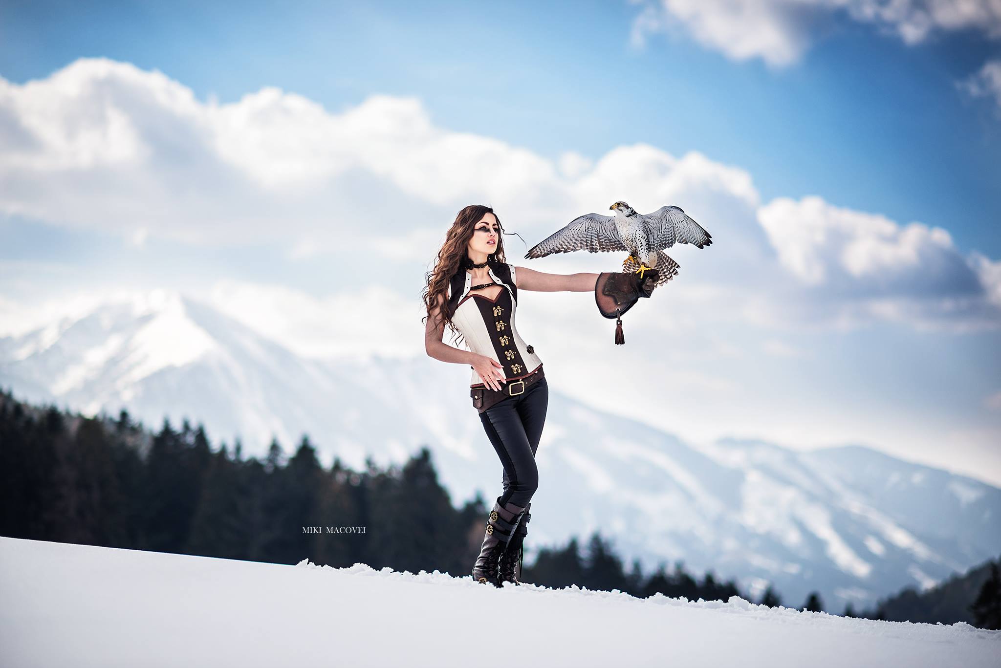 People 2048x1367 fantasy girl nature birds women outdoors snow Miki Macovei women corset