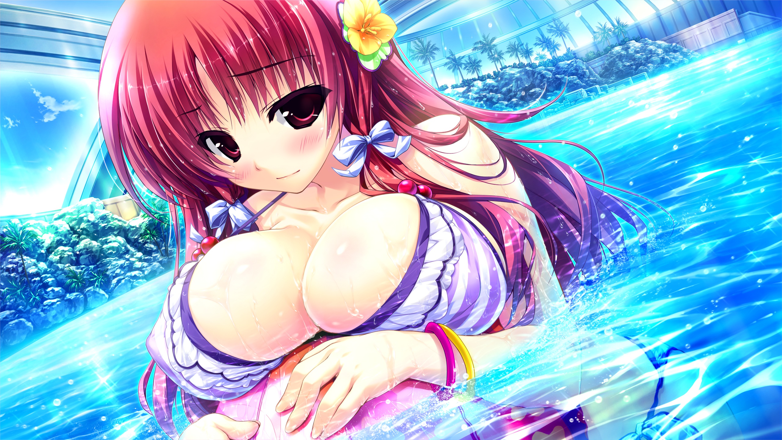Anime 2560x1440 Prism Recollection cleavage bikini Shintarou artwork big boobs blushing redhead red eyes anime girls
