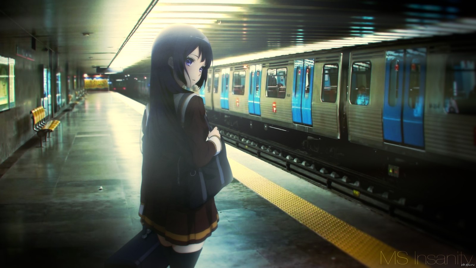 Anime 1600x900 anime girls train station thigh-highs