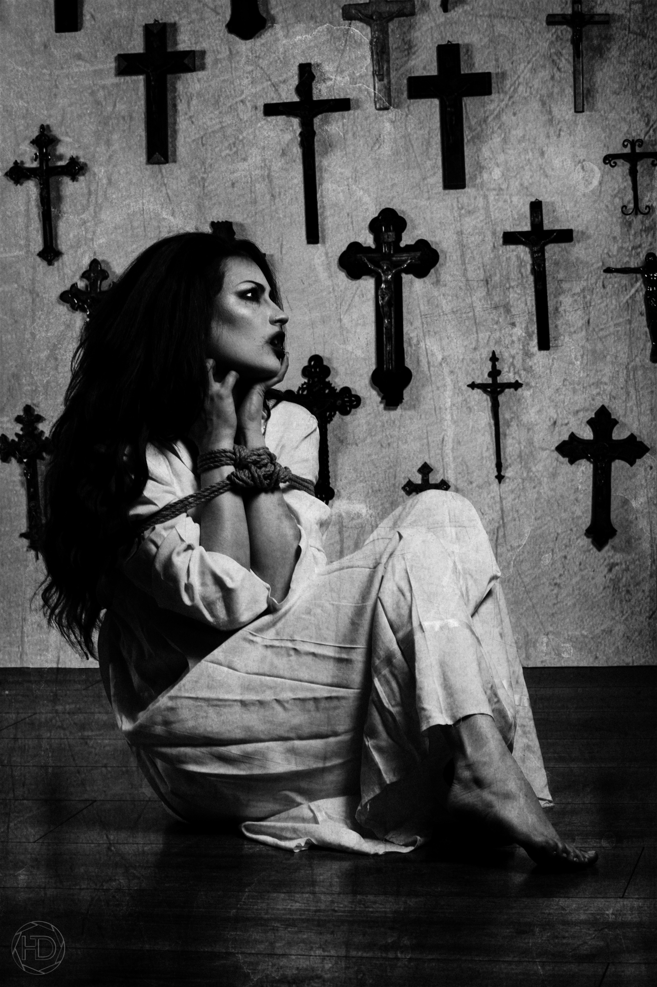 People 1333x2000 Havez Denis horror monochrome women crucifix cross sitting on the floor dark hair white dress BDSM floor