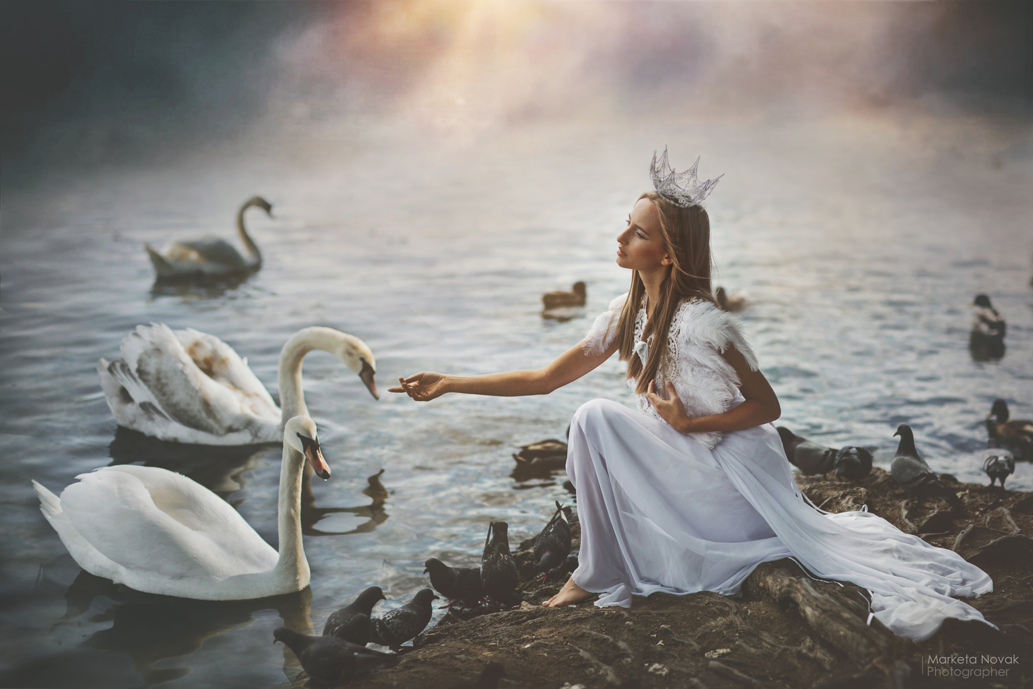 People 2048x1366 Marketa Novak model fantasy girl crown women swans animals