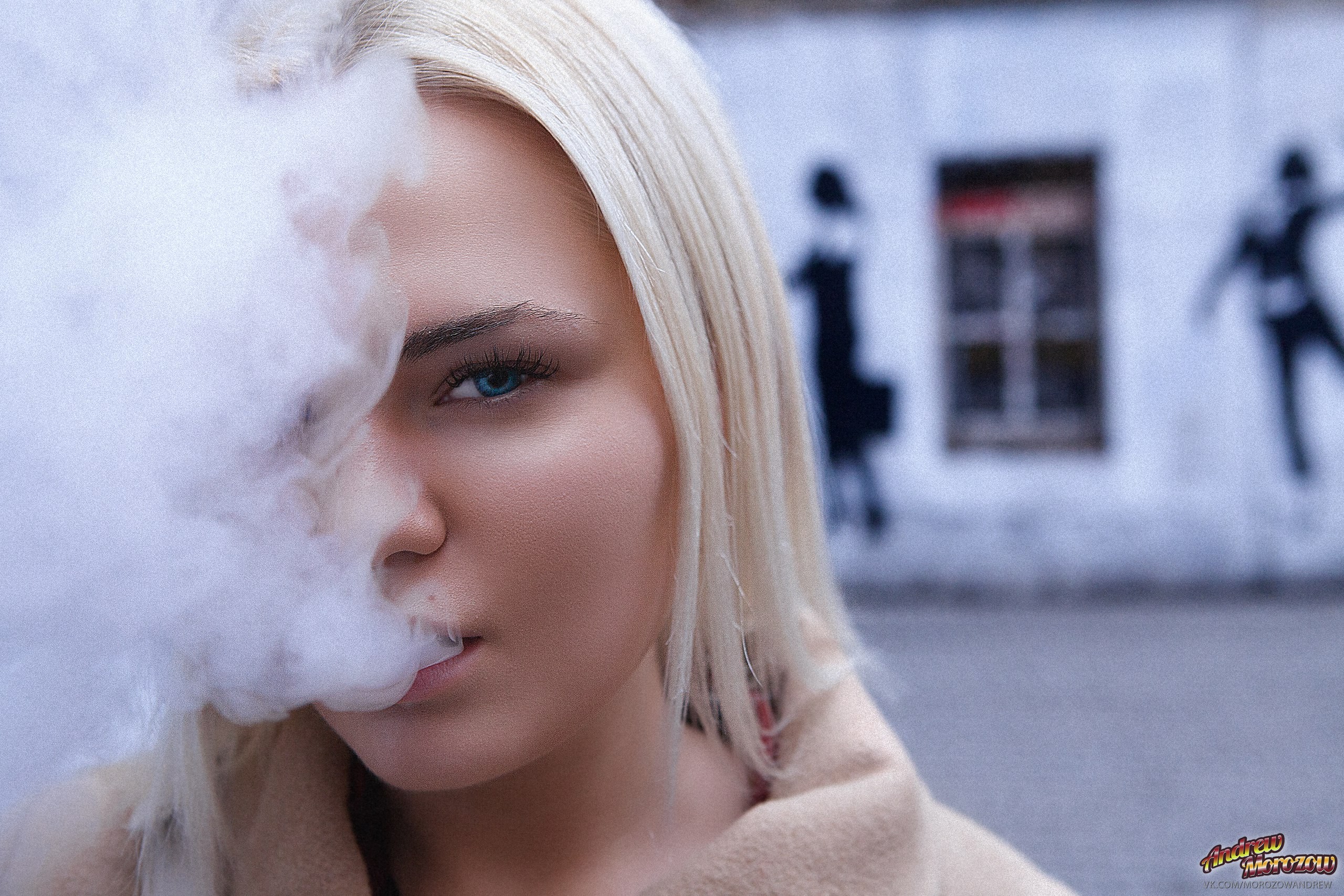 People 2560x1707 women Andrew Morozow blonde face smoke portrait blue eyes vape
