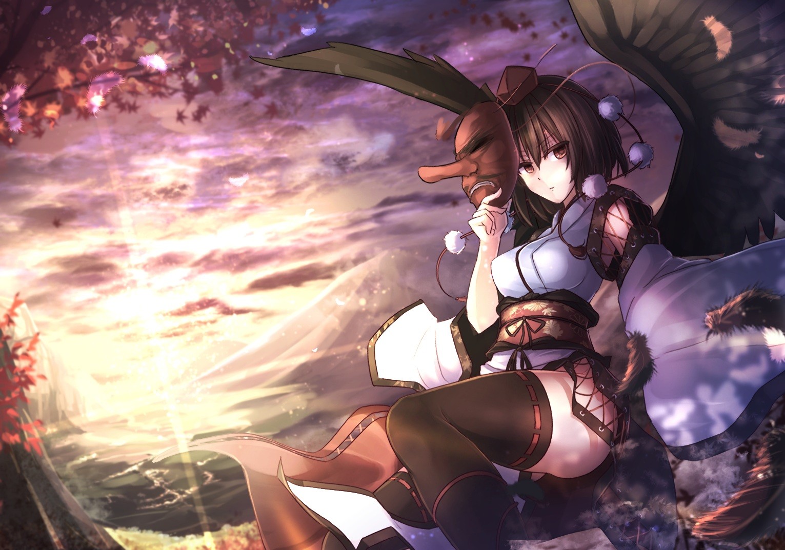 Anime 1531x1073 thigh-highs brown eyes clouds feathers hat leaves mask Shameimaru Aya short hair sky sunset Touhou wings