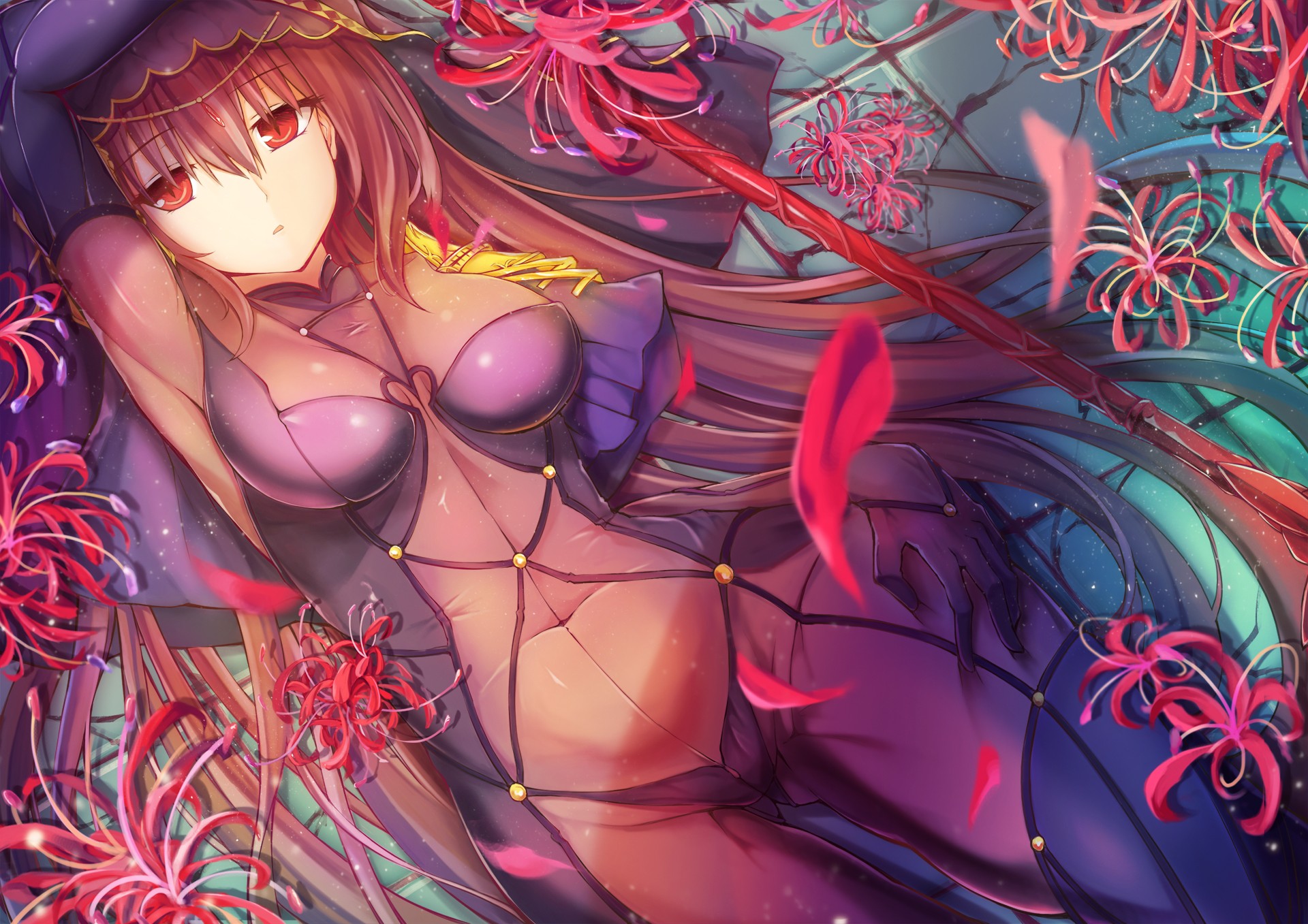 Anime 1920x1357 bodysuit long hair red eyes spear petals red flowers anime anime girls Fate series Fate/Grand Order Scathach lying down