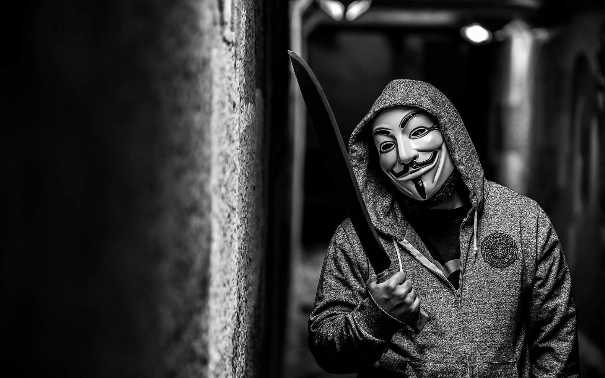 People 2048x1280 hackerman hackers Anonymous (hacker group) Guy Fawkes mask machete monochrome depth of field hoods zipper