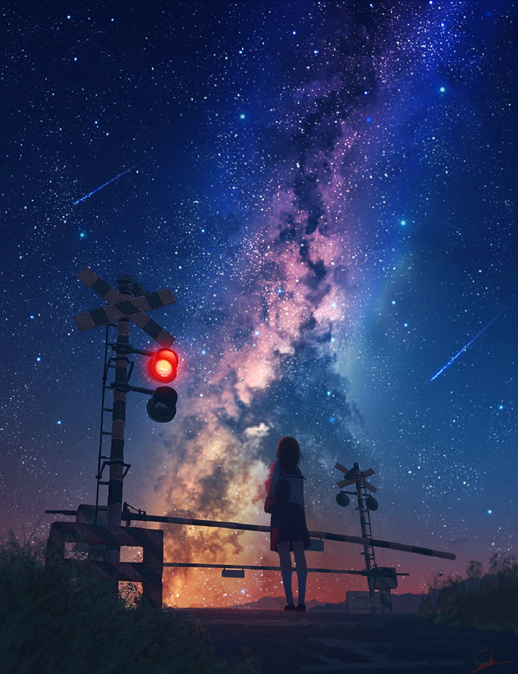 Anime 1024x1332 anime galaxy stars shooting stars railway crossing