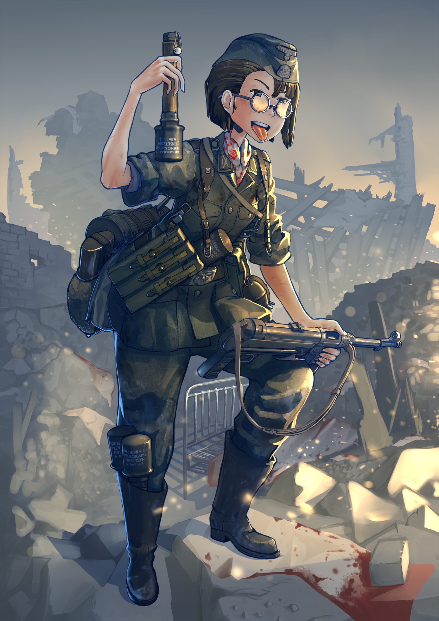Anime 1414x2000 anime Waffen-SS Nazi German Army World War II blood uniform soldier gun weapon machine gun girls with guns standing tongues portrait display looking away short hair glasses women with glasses grenades anime girls MP 40 Pixiv boots rolled sleeves debris tongue out open mouth