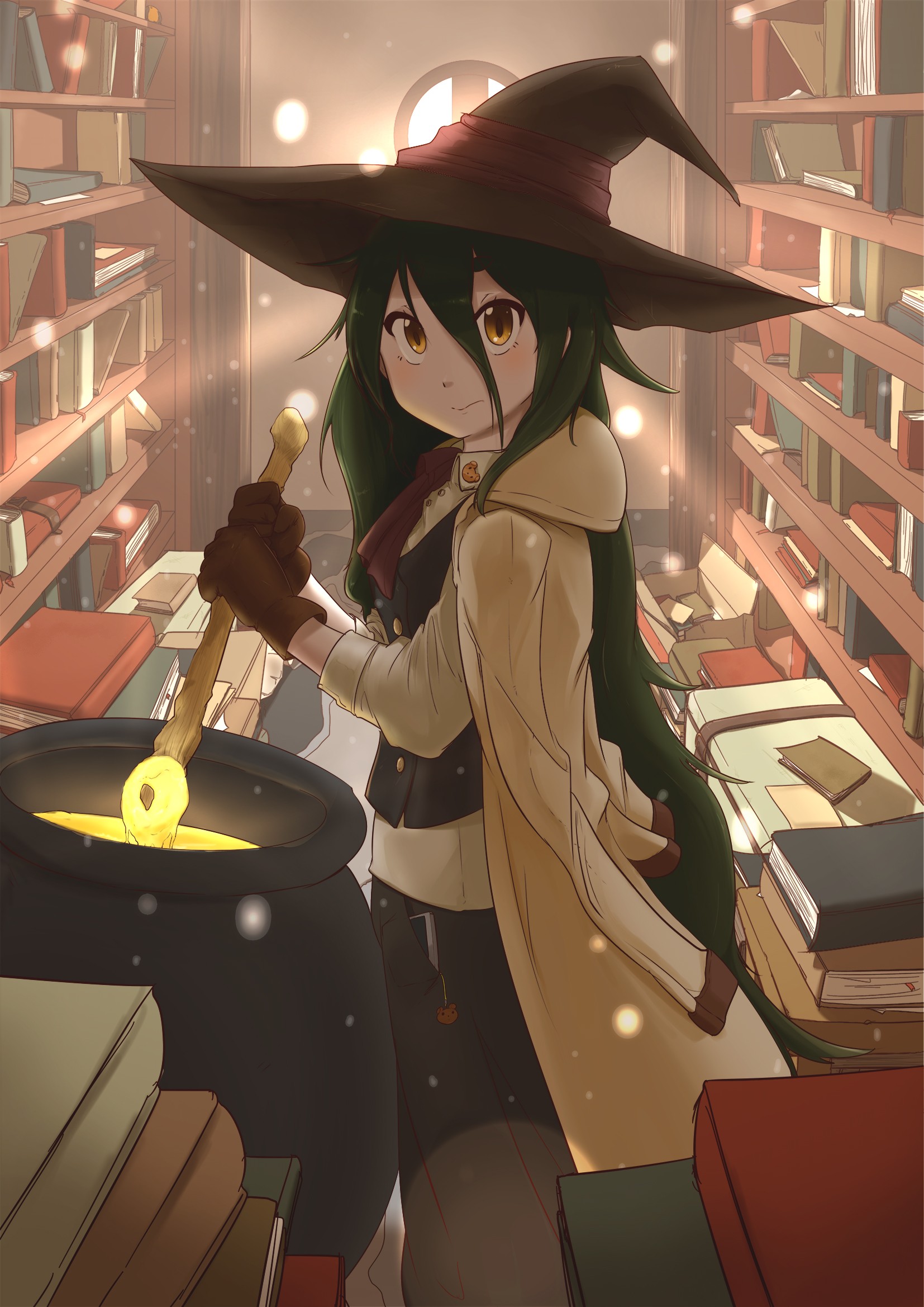 Anime 1654x2338 anime anime girls witch witch hat long hair green hair brown eyes books