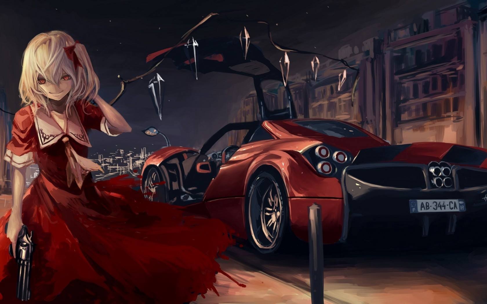 Anime 1680x1050 anime girls red cars red eyes koh Flandre Scarlet Touhou women with cars girls with guns numbers supercars blonde red dress red clothing shoulder length hair anime smiling looking at viewer revolver weapon