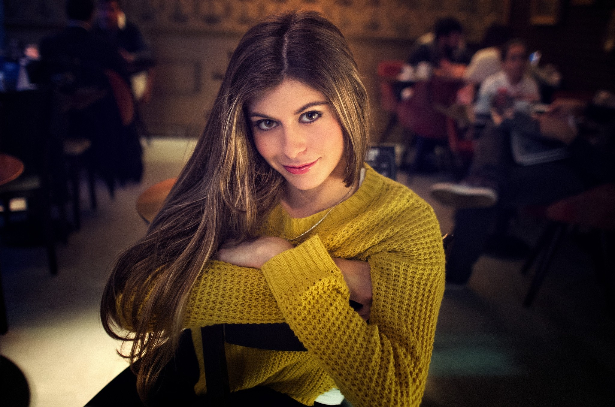 People 2048x1356 Adriano Perticone women model long hair looking at viewer blonde smiling sweater sitting face eyes wavy hair yellow sweater