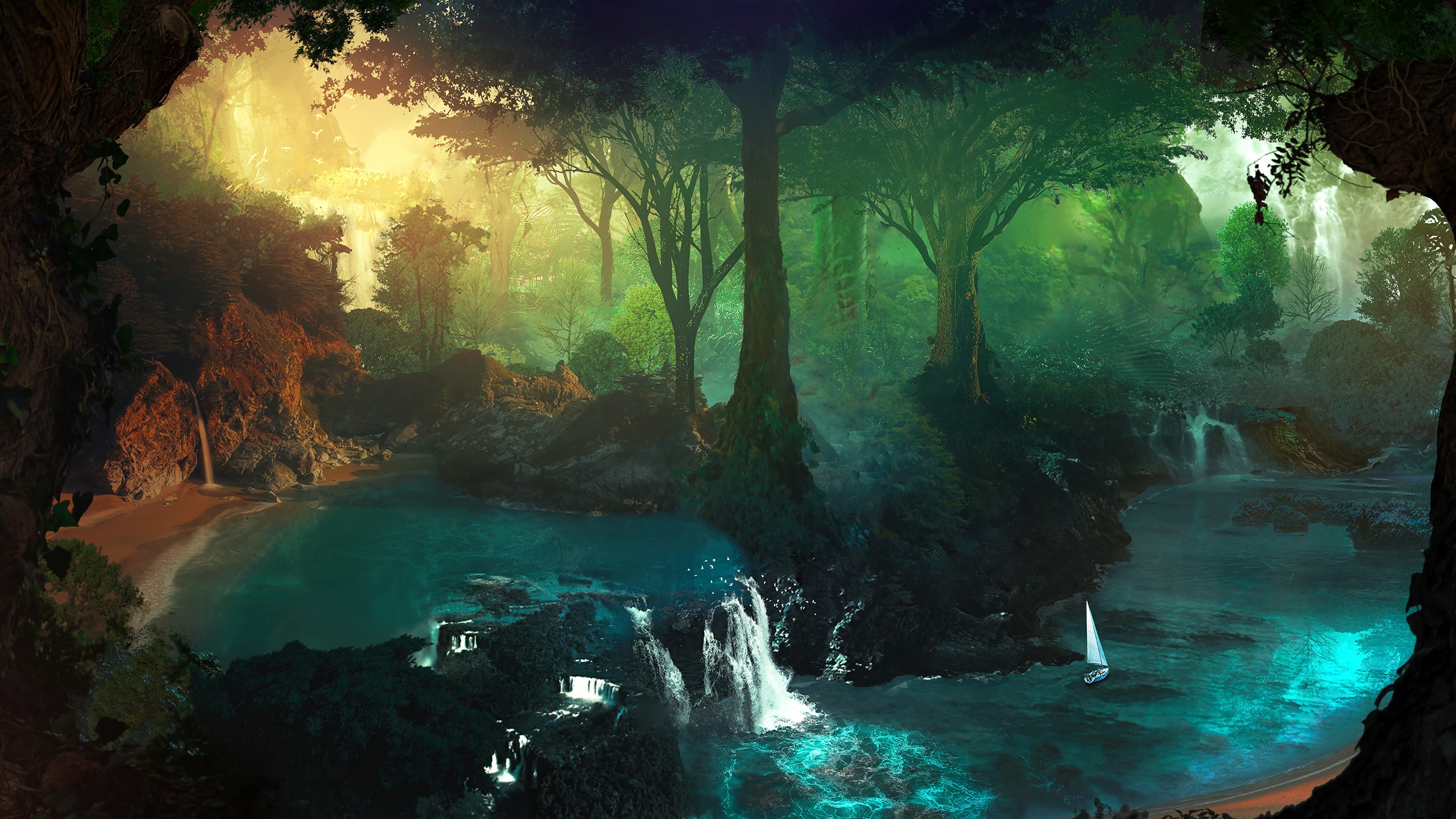 General 2560x1440 forest trees artwork nature water t1na Desktopography