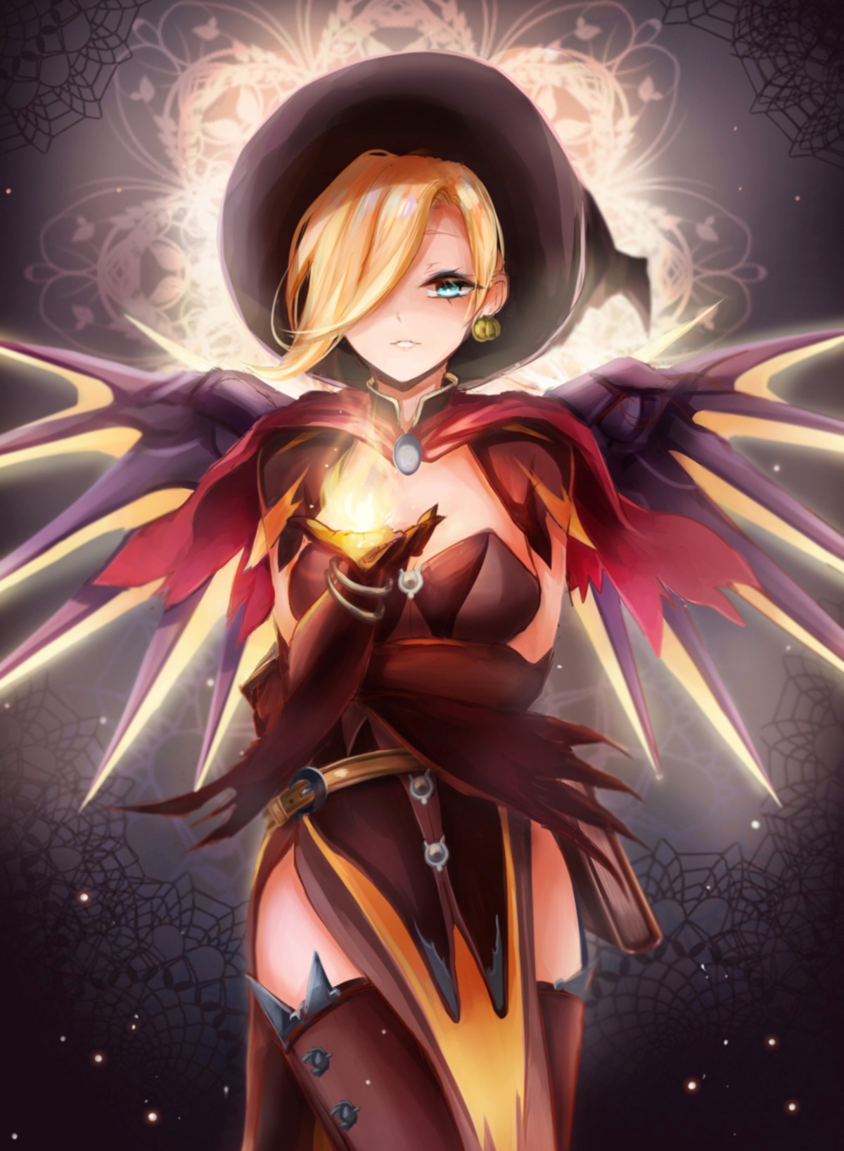 Anime 1200x1636 anime anime girls Mercy (Overwatch) Overwatch witch witch hat short hair blonde aqua eyes wings open shirt stockings Witch Mercy (Overwatch)