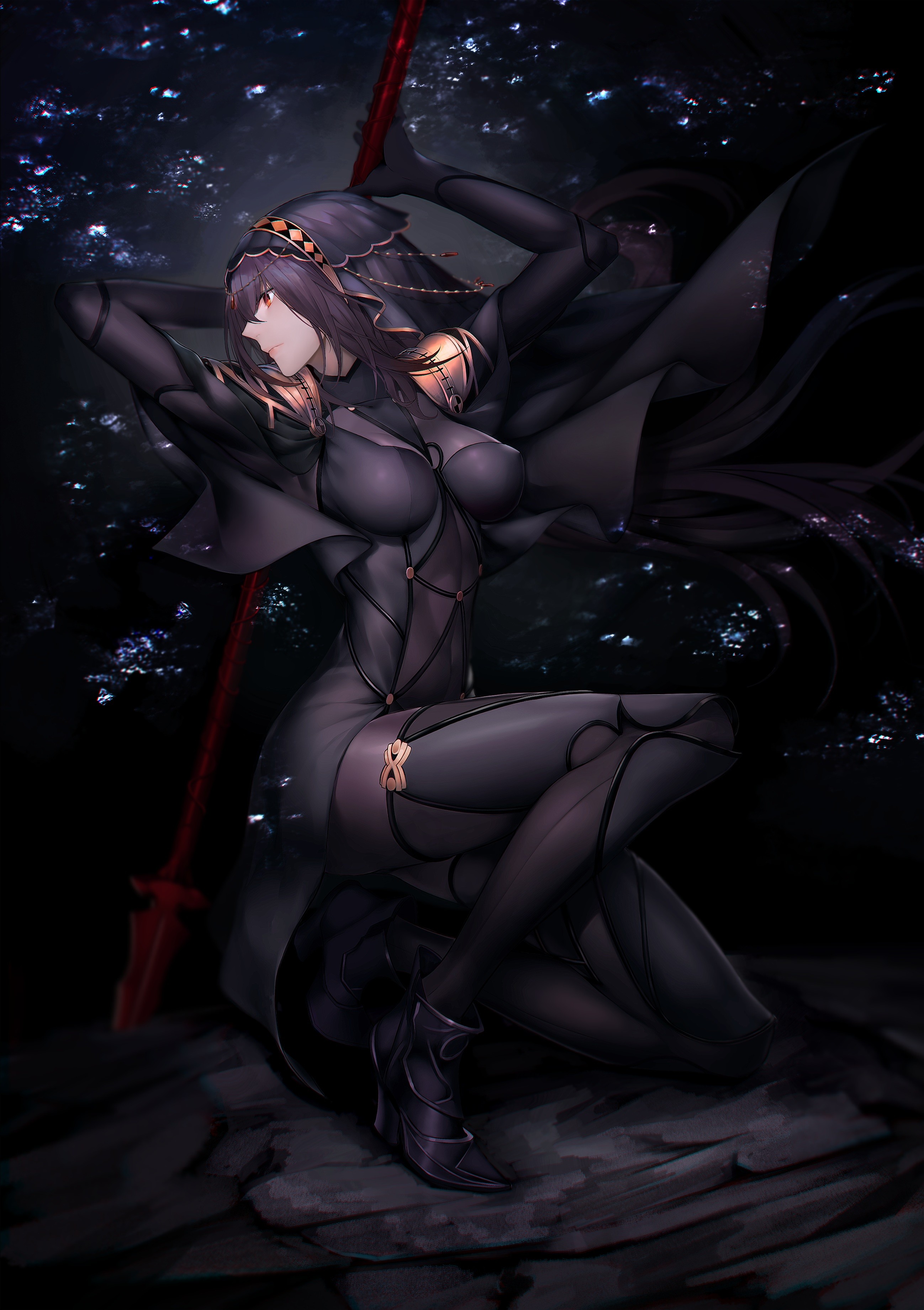 Anime 2597x3683 anime anime girls Fate/Grand Order Scathach bodysuit heels weapon