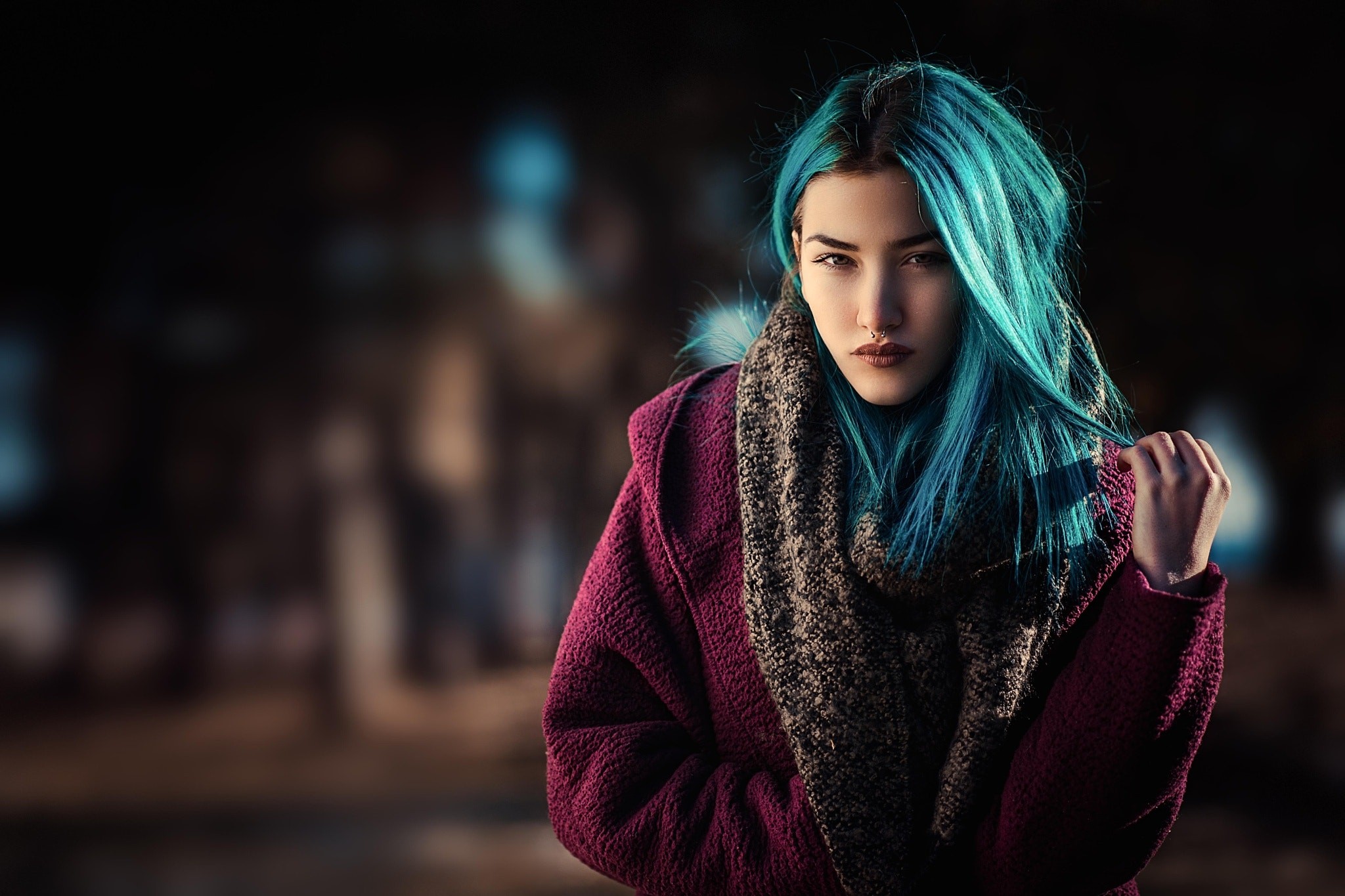 People 2048x1365 women portrait face dyed hair nose ring depth of field sweater scarf