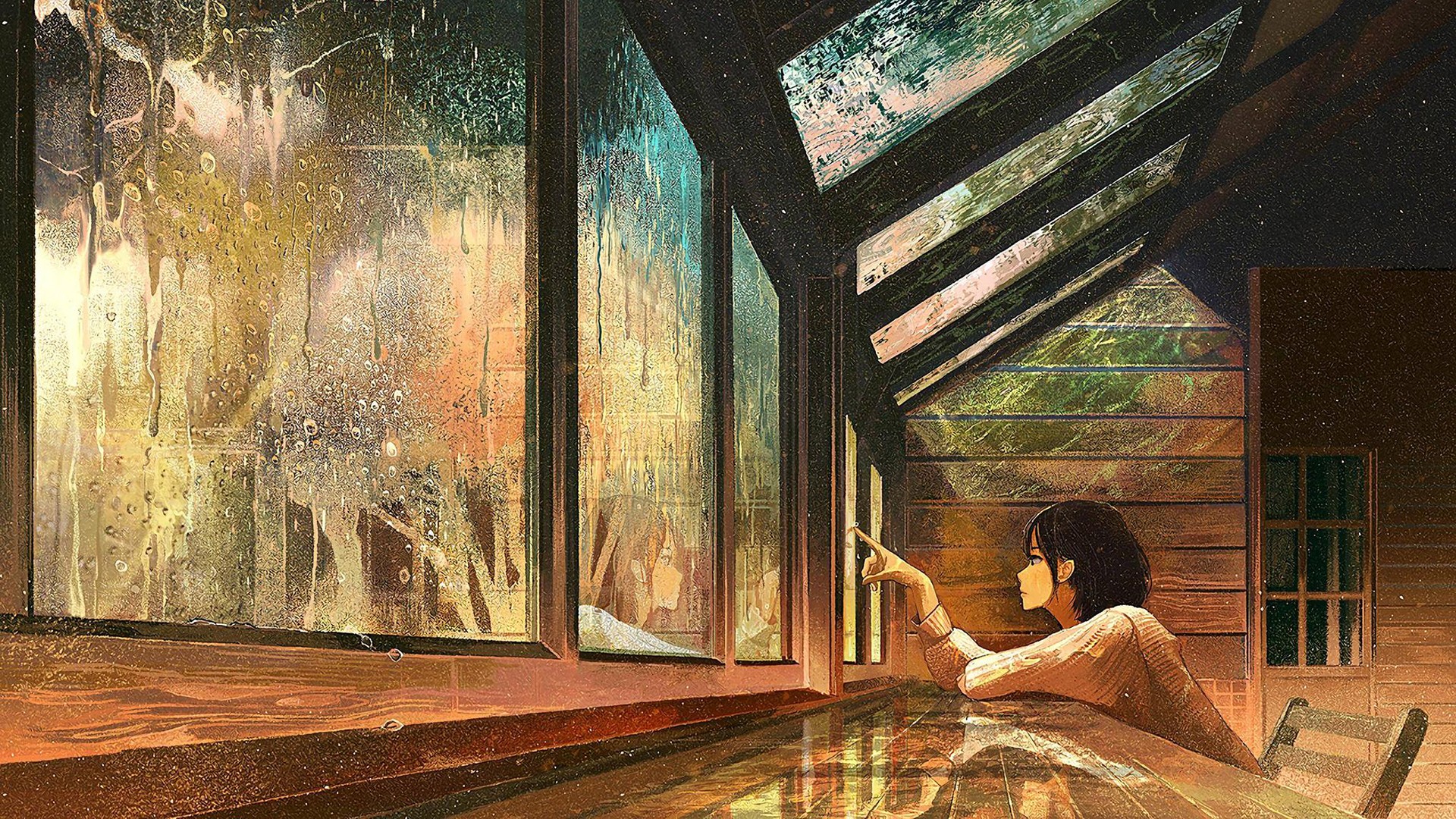 Anime 1920x1080 anime girls indoors water on glass window rain Gemi