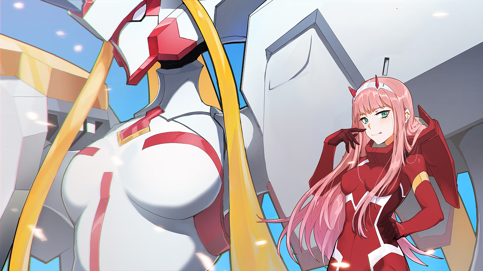 Anime 1920x1080 digital art artwork pink hair green eyes Darling in the FranXX Zero Two (Darling in the FranXX) anime anime girls mecha girls bodysuit long hair mechs horns tight clothing looking at viewer