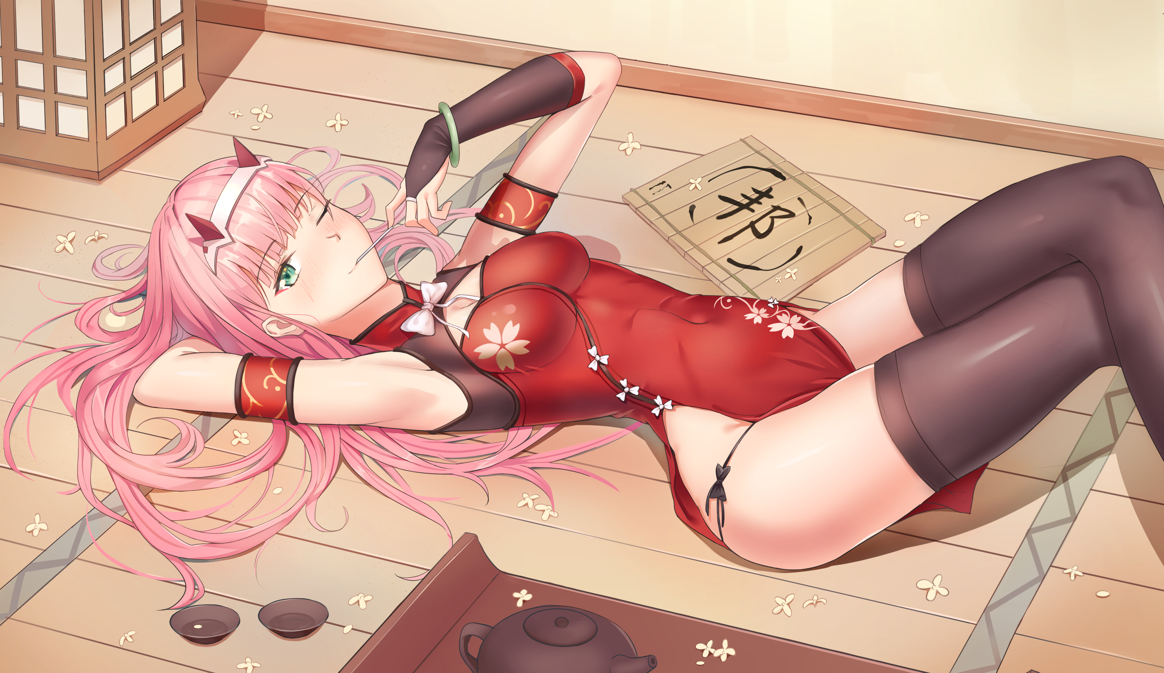 Anime 3737x2160 horns panties Zero Two (Darling in the FranXX) boobs shaved pubic hair Darling in the FranXX sake looking at viewer long hair pink hair blue eyes lying down lying on back legs crossed stockings anime girls one eye closed cleavage one arm up armpits thigh-highs thighs on the floor blushing drink cup chinese dress