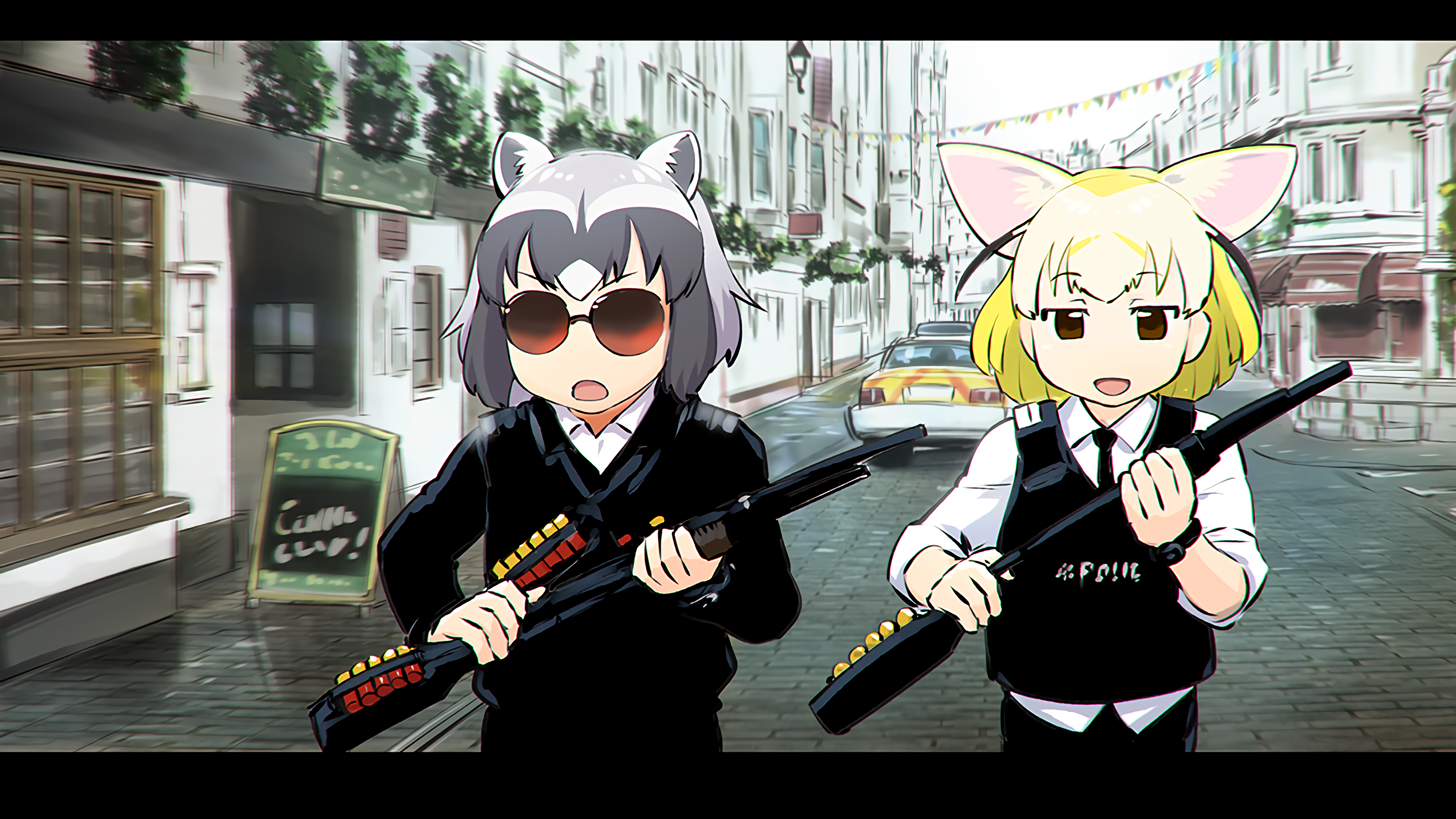 Anime 4000x2250 Kemono Friends shotgun anime girls Hot Fuzz fennec fox common raccoon