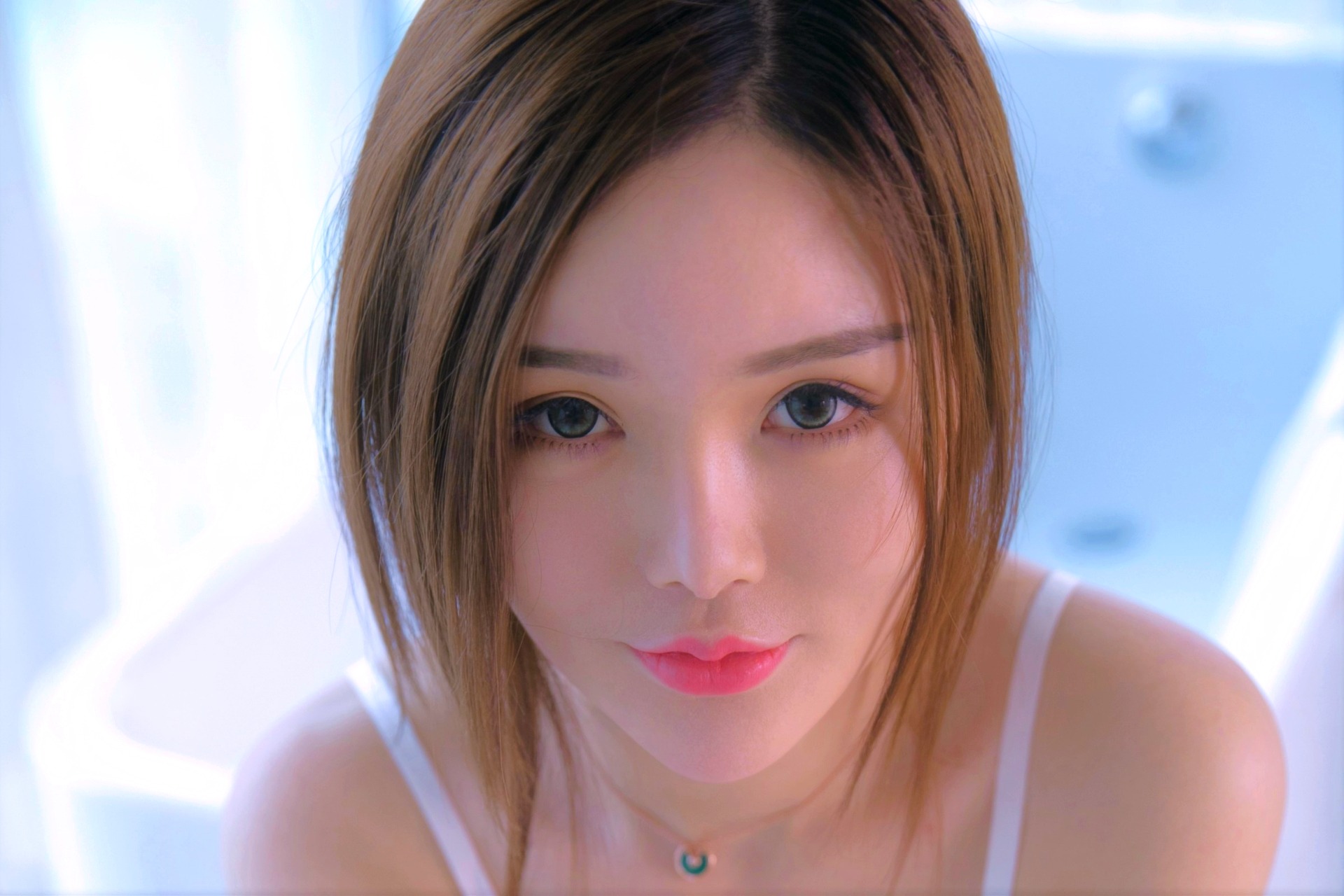 People 1920x1280 Asian closeup brunette sensual gaze green eyes pink lipstick bra straps face women Qingdouke