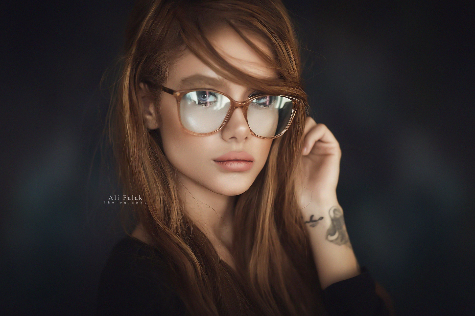 People 1920x1280 women face portrait women with glasses tattoo Ali Falak touching hair watermarked
