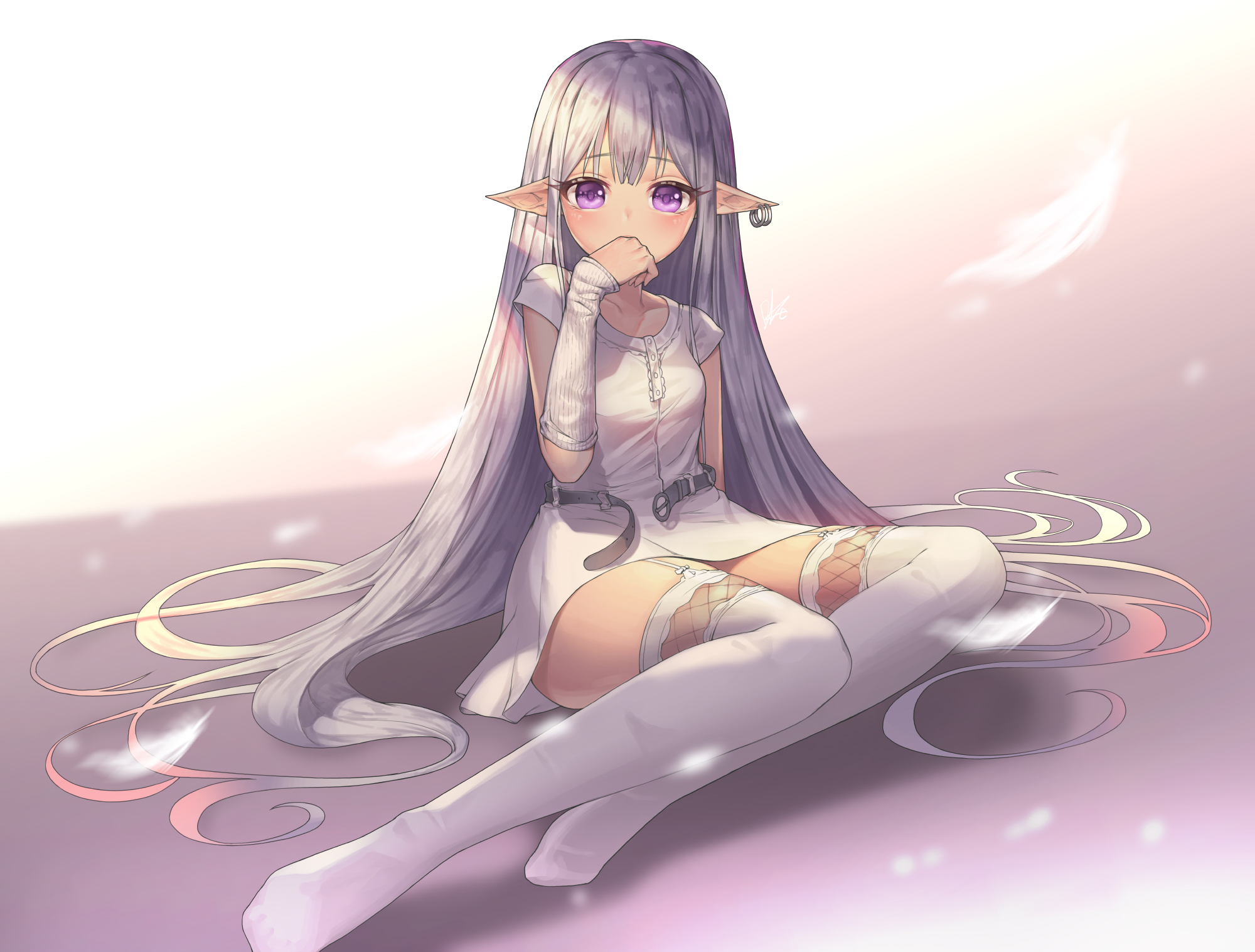 Anime 2000x1517 blushing dress gray hair long hair pointy ears purple eyes thigh-highs simple background