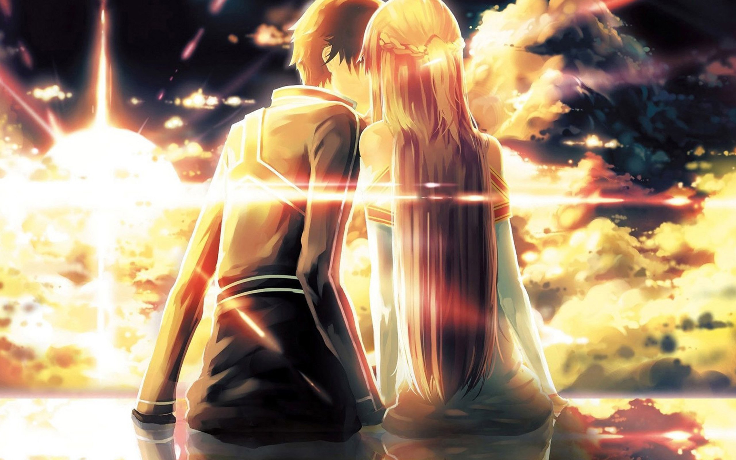 Anime 2560x1600 anime Sword Art Online Yuuki Asuna (Sword Art Online) sky Sun clouds Kirigaya Kazuto (Sword Art Online) couple kissing