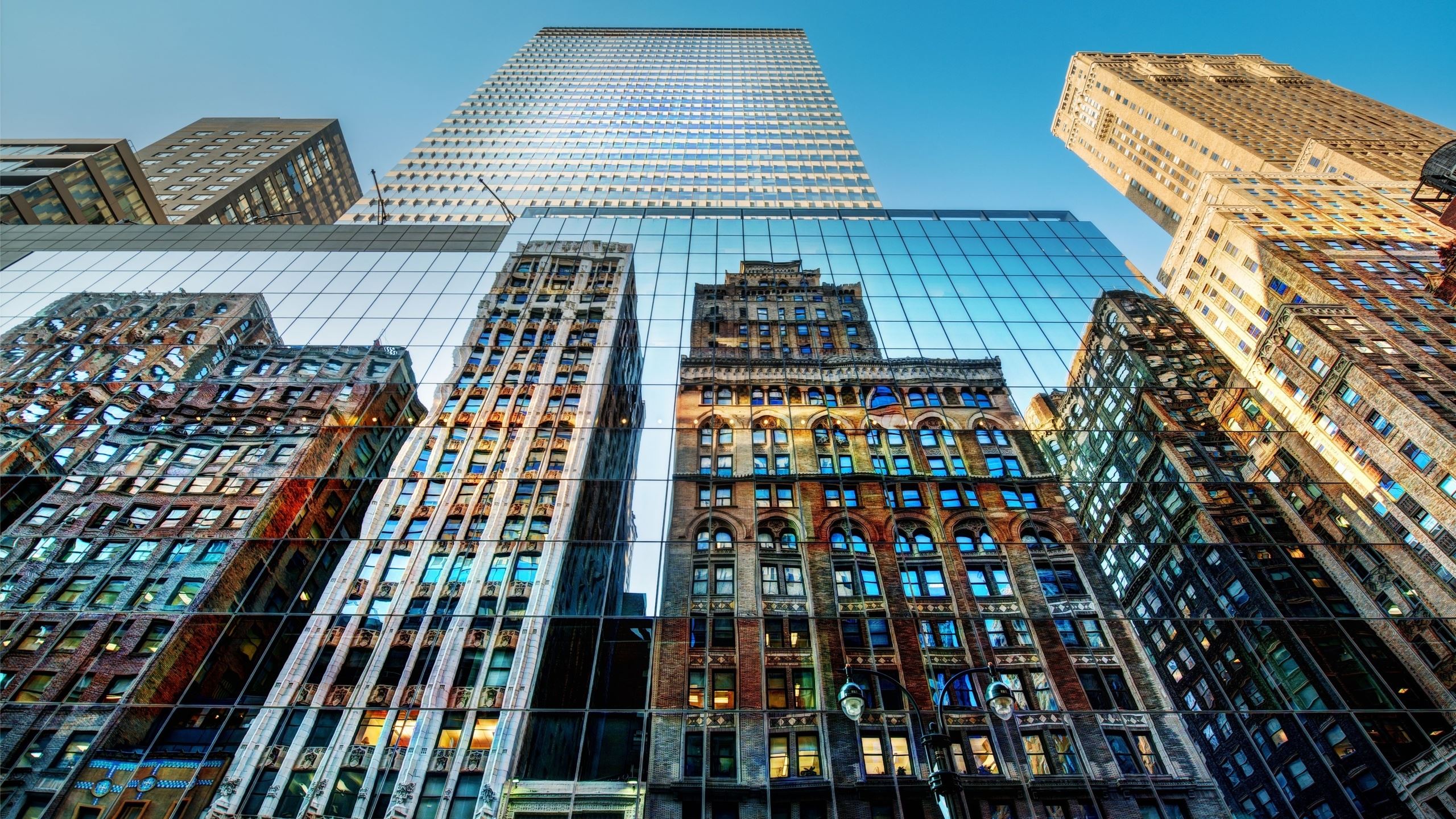 General 2560x1440 cityscape building reflection New York City worm's eye view low-angle
