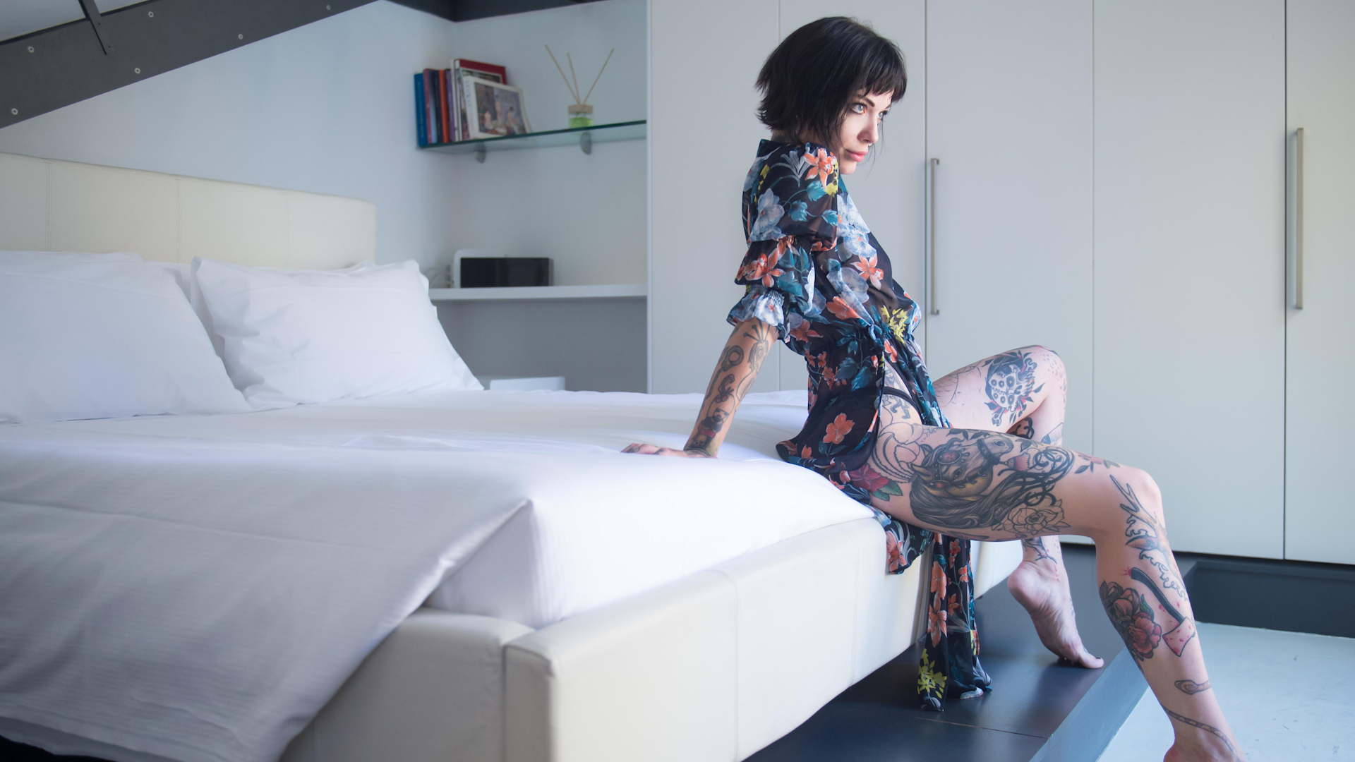 People 1920x1080 Refen suicide tattoo brunette blue eyes inked girls Suicide Girls sitting short hair profile in bed pointed toes women see-through clothing