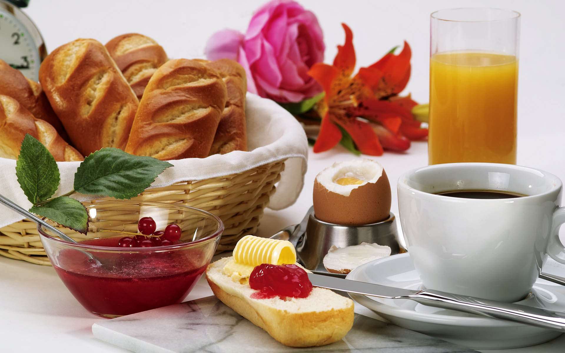 General 1920x1200 food bread coffee juice eggs butter still life cup knife marmalade berries drinking glass flowers